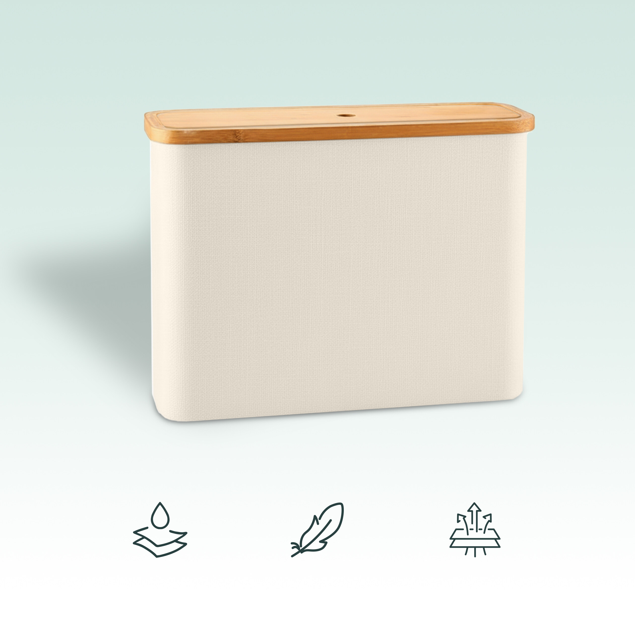 Beige rechteckige Aufbewahrungsbox mit Holzdeckel und drei Symbolen darunter auf hellem Farbverlaufshintergrund.