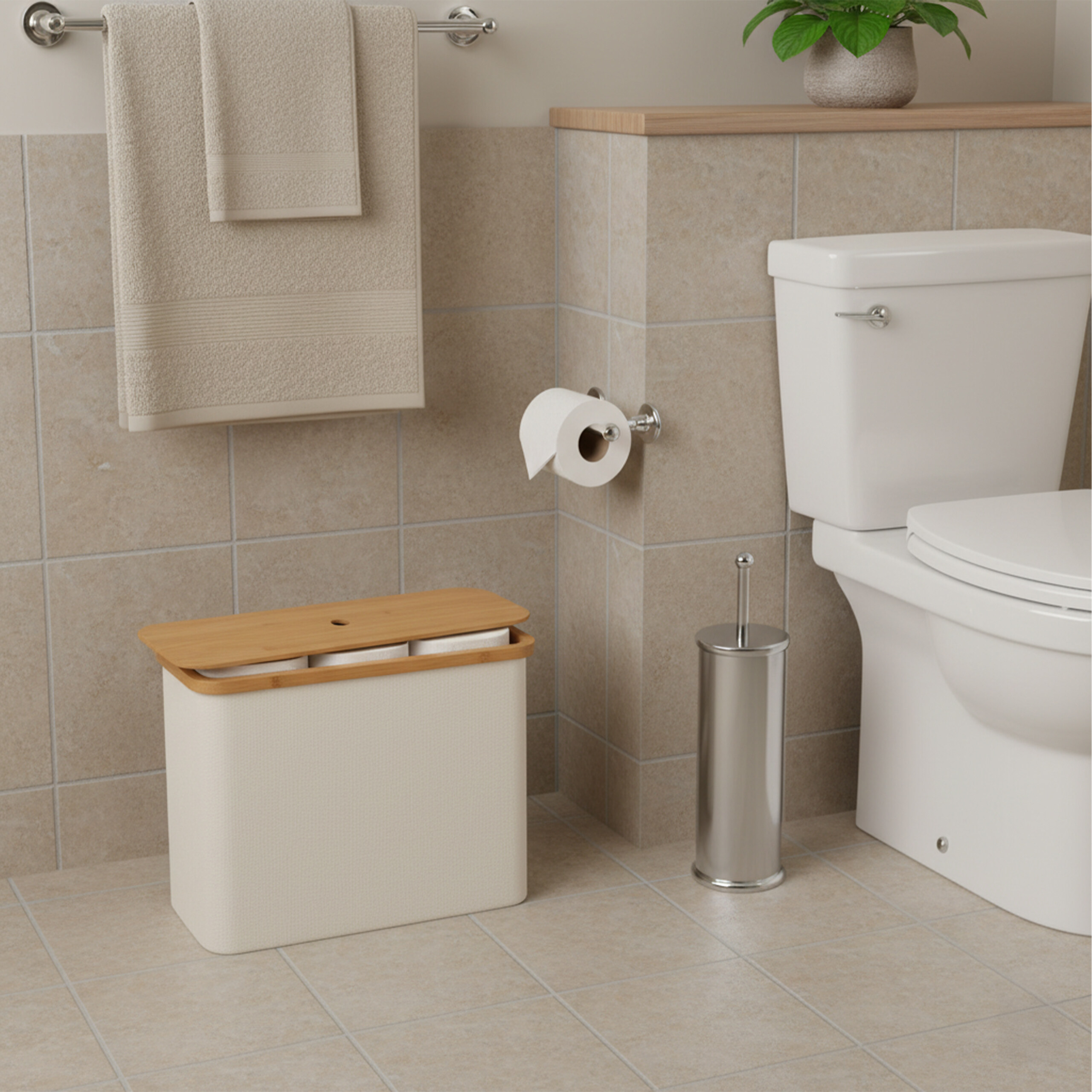 Beiges Badezimmer mit WC, Handtüchern, Toilettenpapierhalter, WC-Bürste und Toilettenpapier-Aufbewahrungsbox mit Holzdeckel.