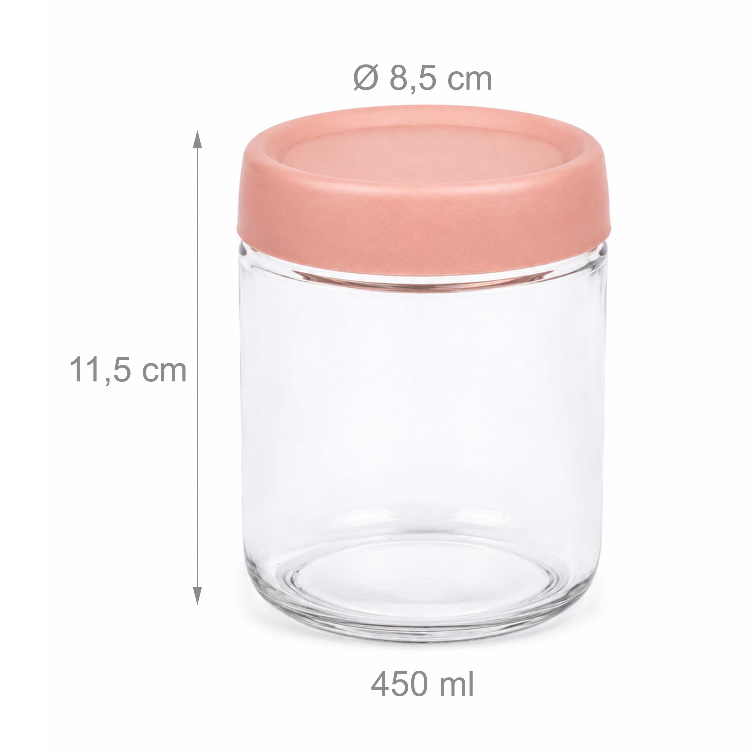 Ein glasklares Vorratsglas mit rosa Deckel, Höhe 11,5 cm, Durchmesser 8,5 cm, Kapazität 450 ml.