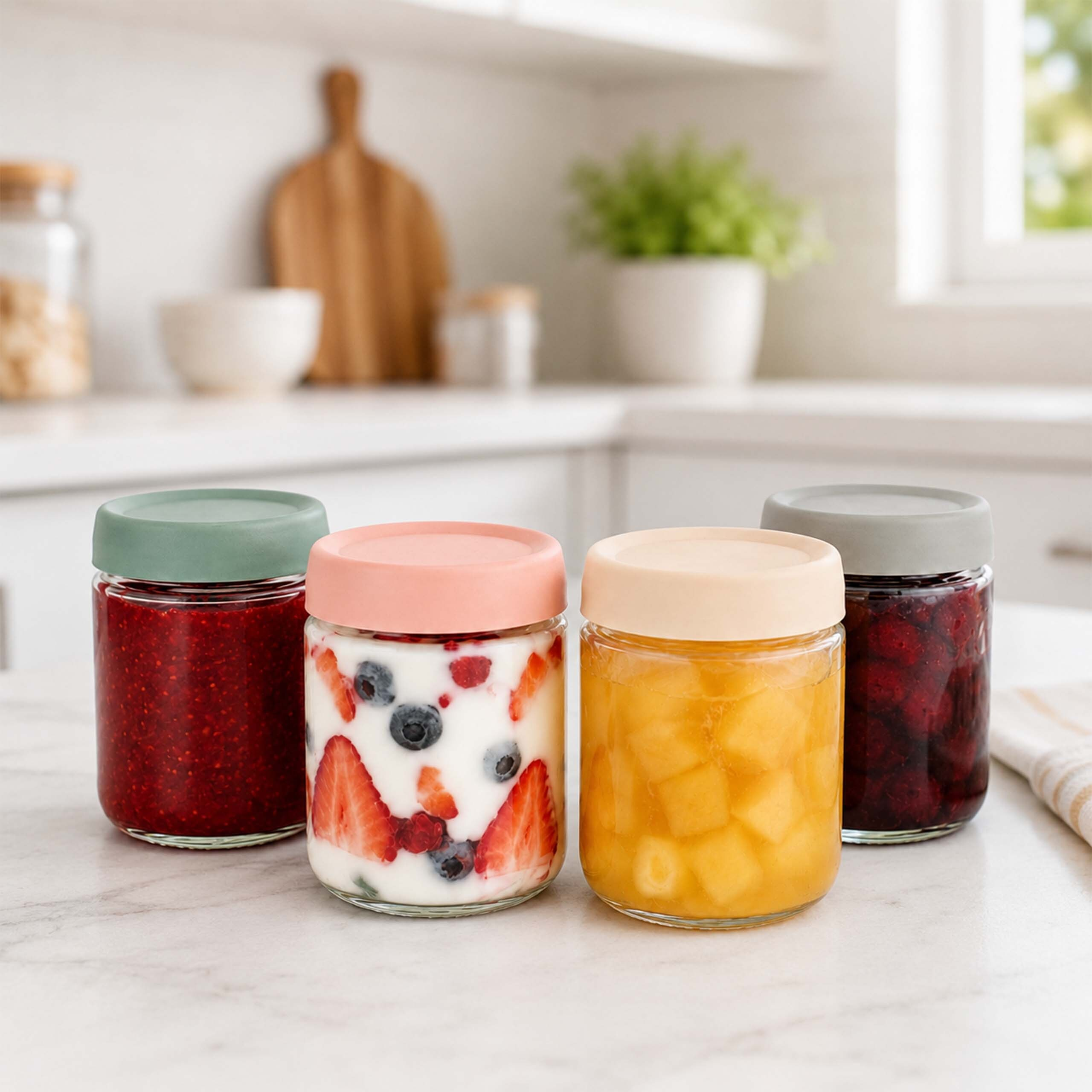Vier Gläser mit bunten Deckeln gefüllt mit Früchten und Joghurt stehen auf einer Küchentheke.