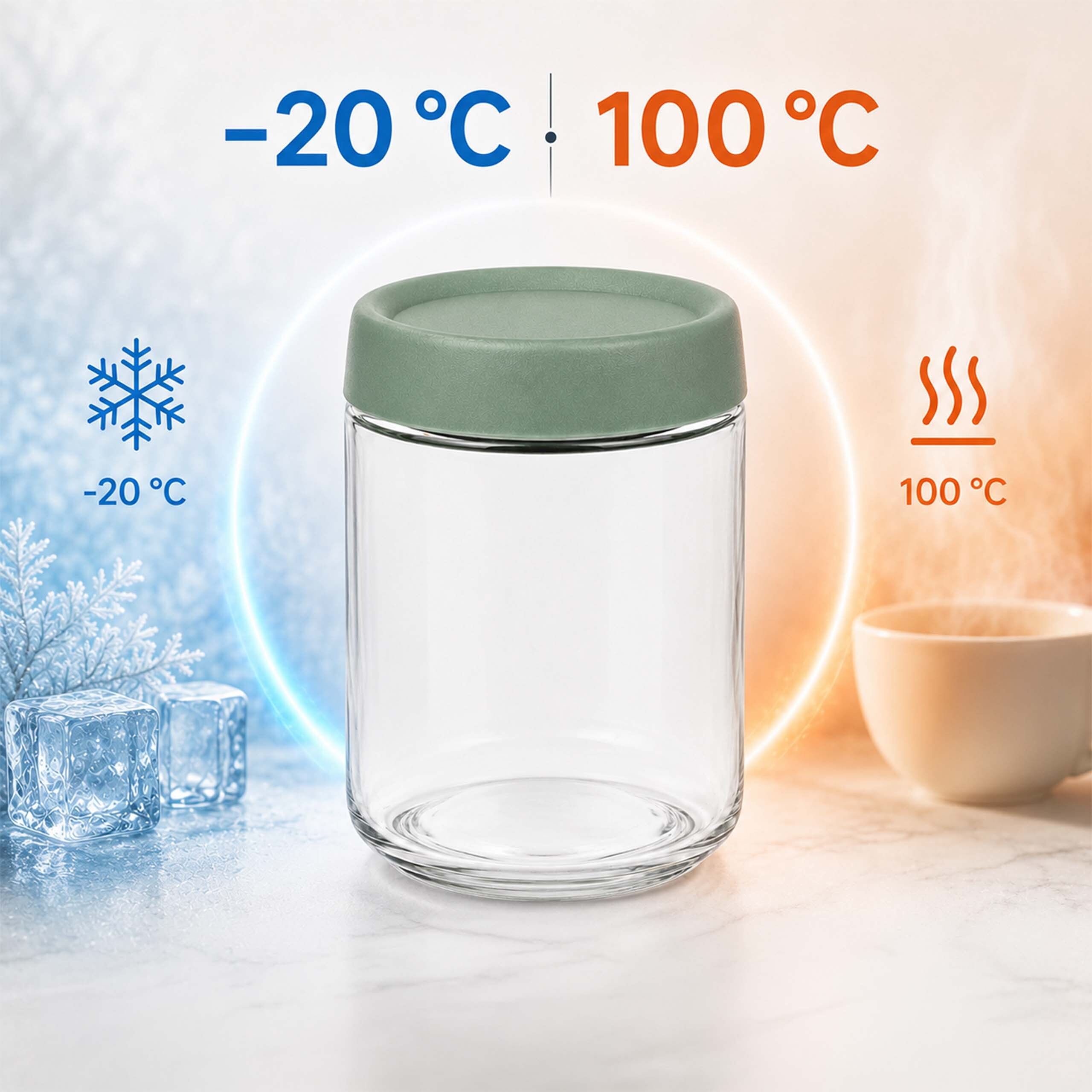 Ein Glas mit grünem Deckel steht zwischen kalten Eiswürfeln und einer heißen Tasse.