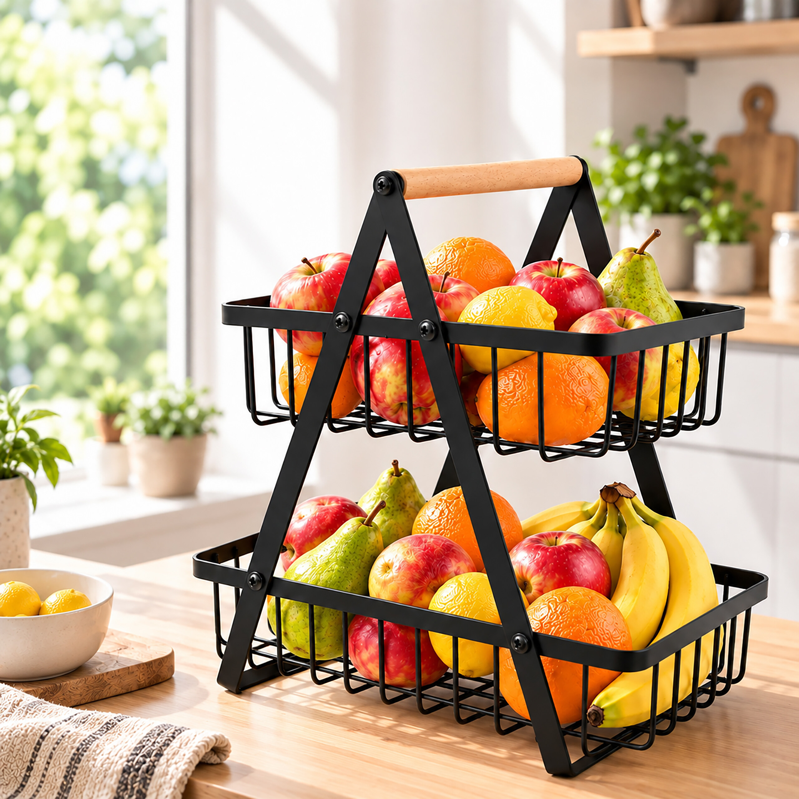 Ein zweistöckiger schwarzer Metallkorb voller frischem Obst wie Äpfeln, Birnen, Orangen und Bananen auf einer Holzarbeitsfläche.