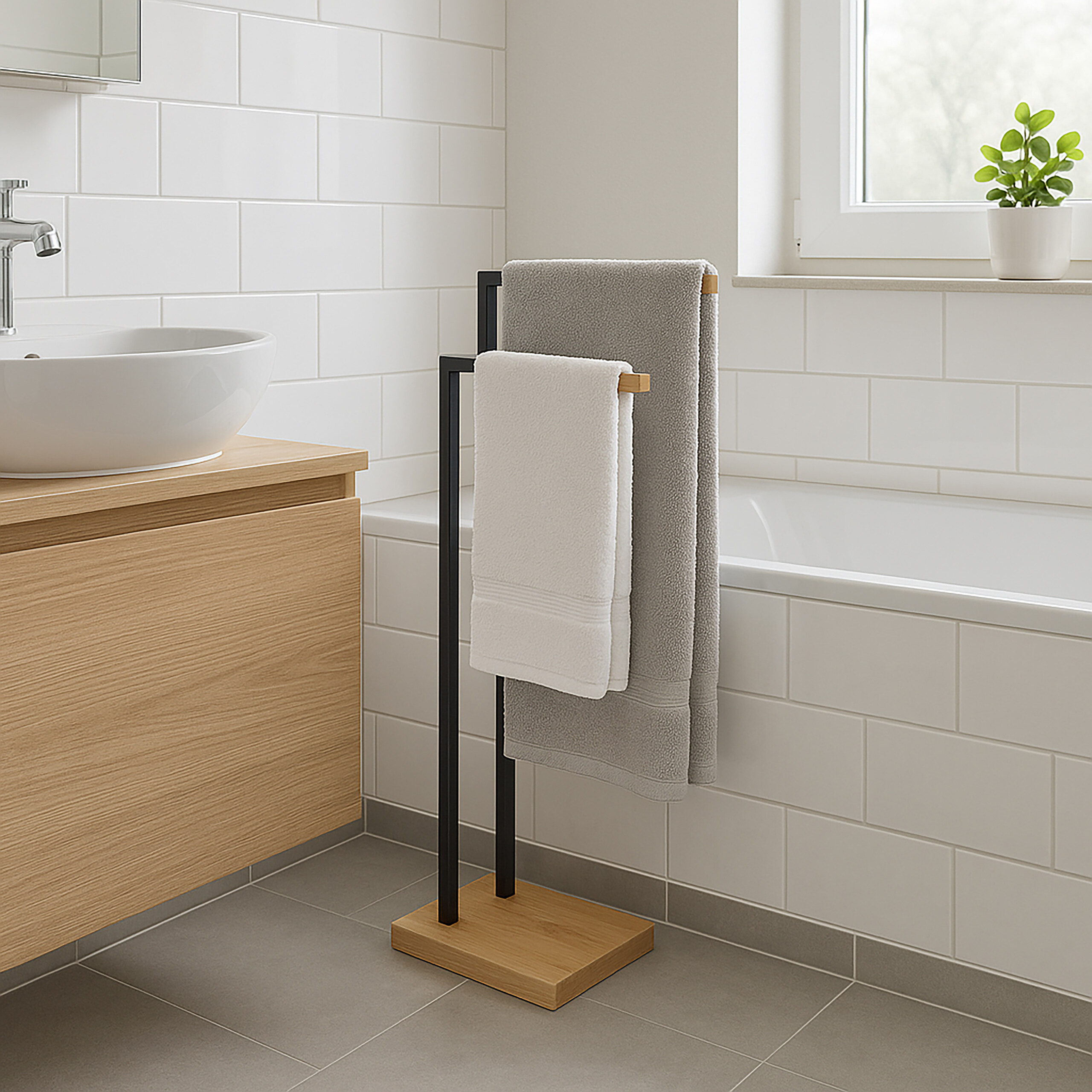 Ein Handtuchhalter aus Metall und Holz steht im Badezimmer mit weißen Fliesen, Waschbecken und Badewanne.