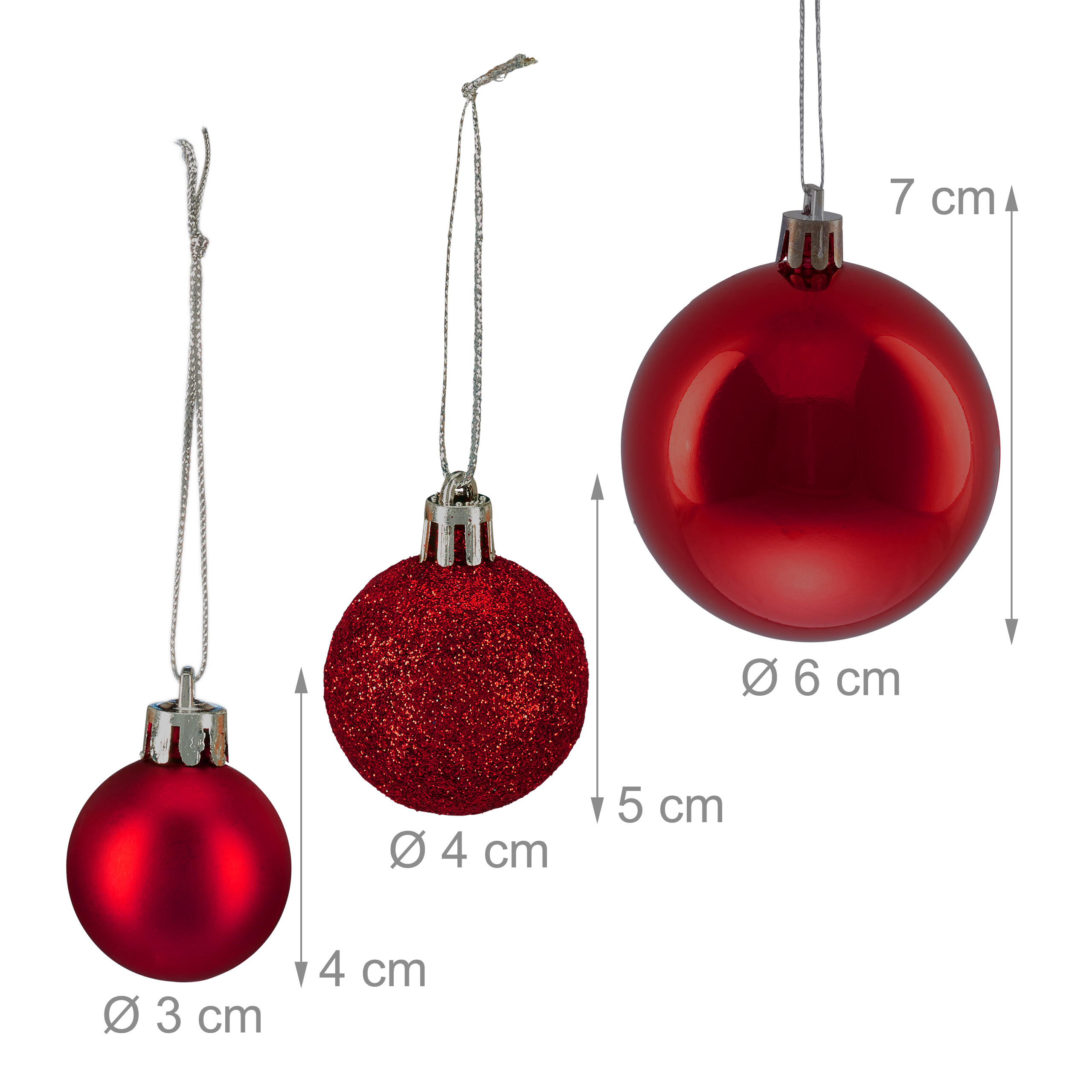 Drei rote Christbaumkugeln in verschiedenen Größen und Ausführungen mit Maßangaben.