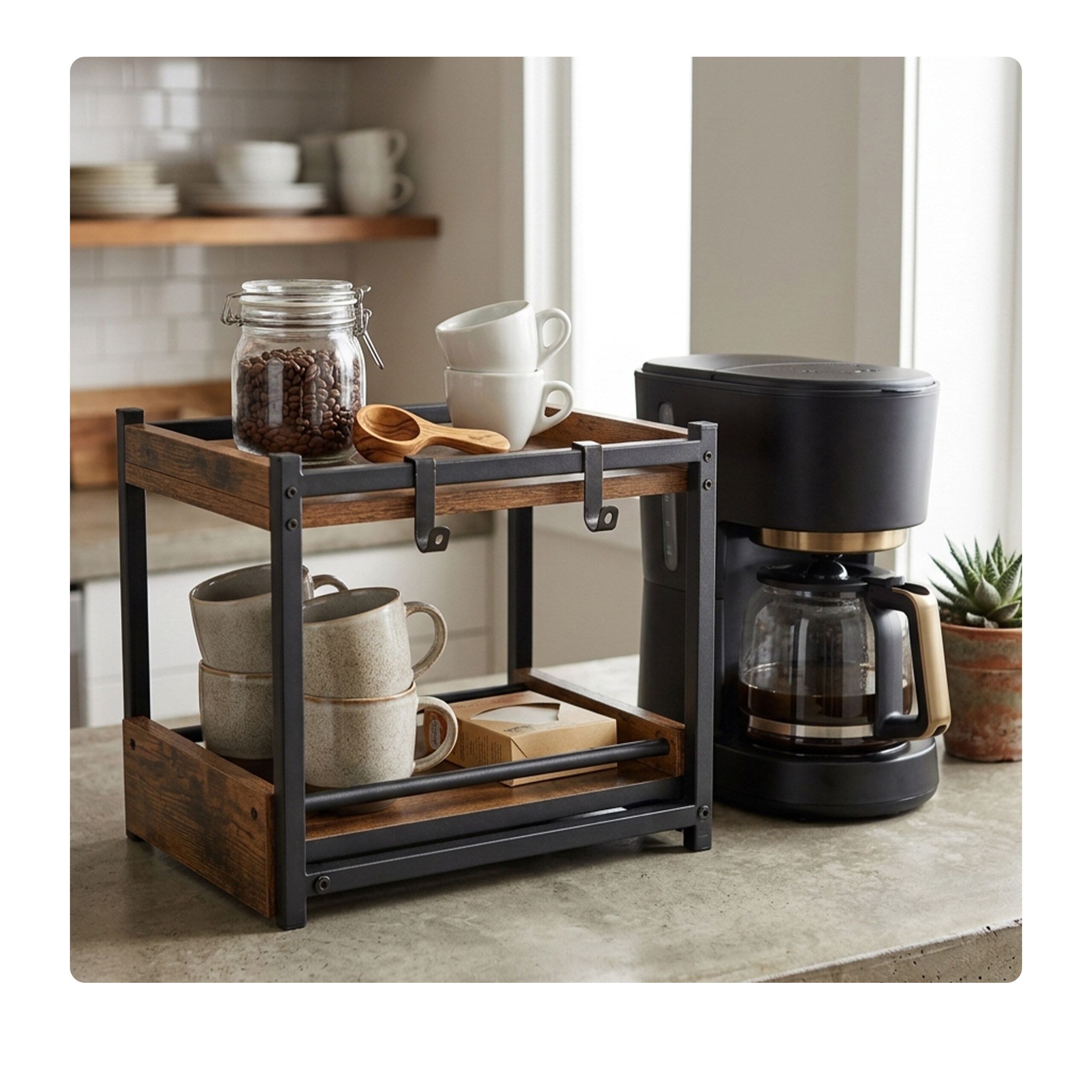 Ein Kaffeeständer aus Holz und Metall steht neben einer Kaffeemaschine auf einer Küchenarbeitsplatte.