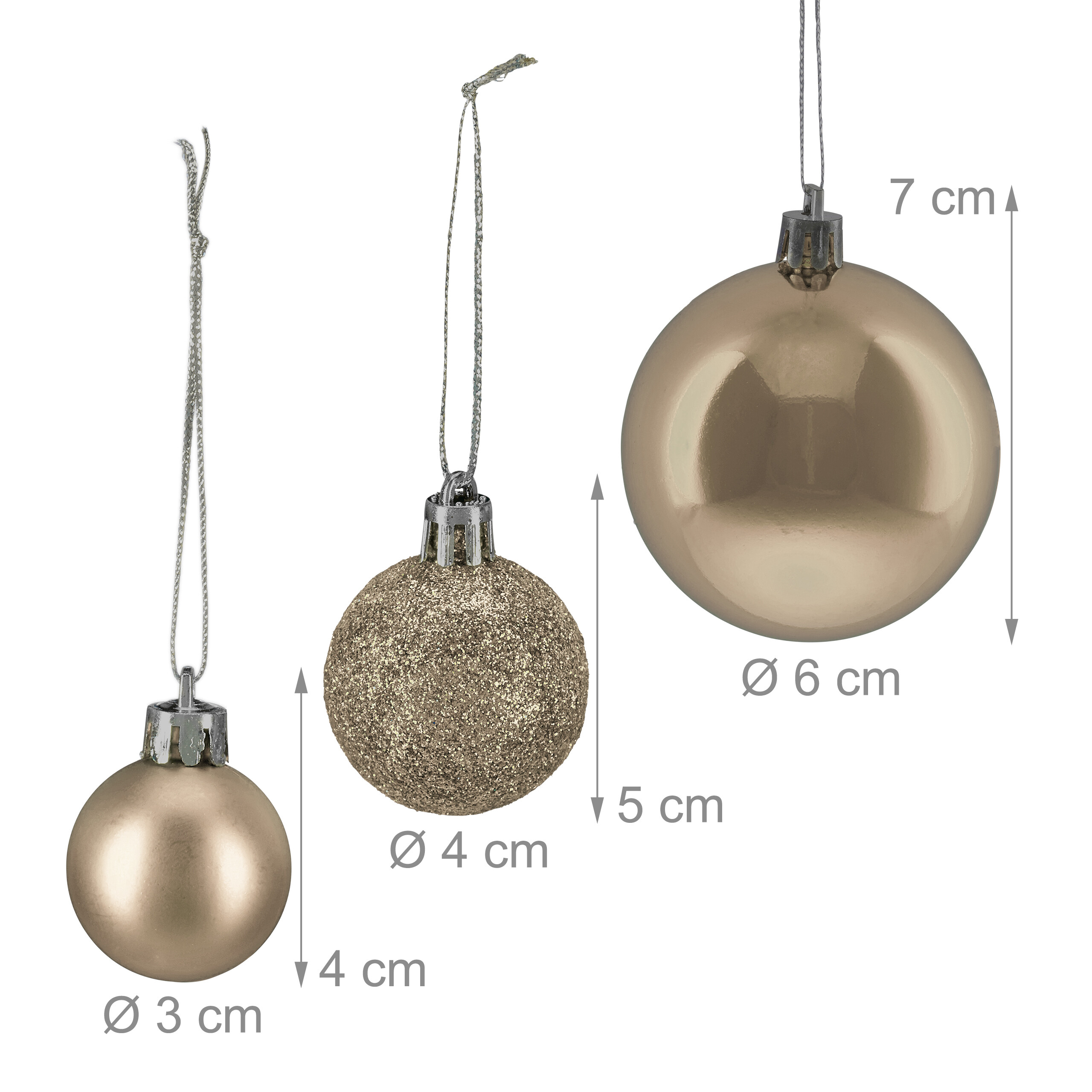 Drei goldene Weihnachtskugeln mit Maßen von 3 cm, 4 cm und 6 cm auf weißem Hintergrund.