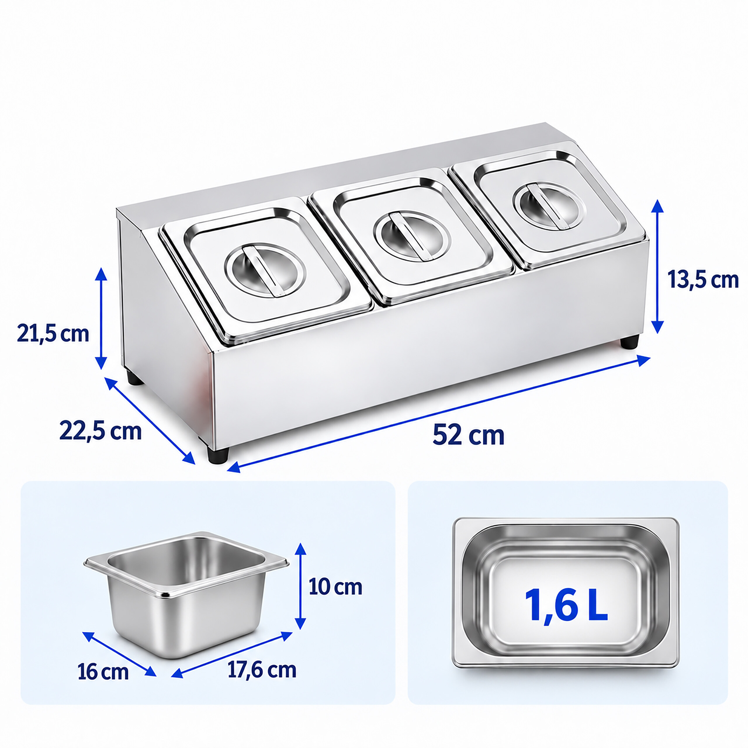 Edelstahl-Bain-Marie mit drei Behältern, Abmessungen und 1,6 Liter Fassungsvermögen.
