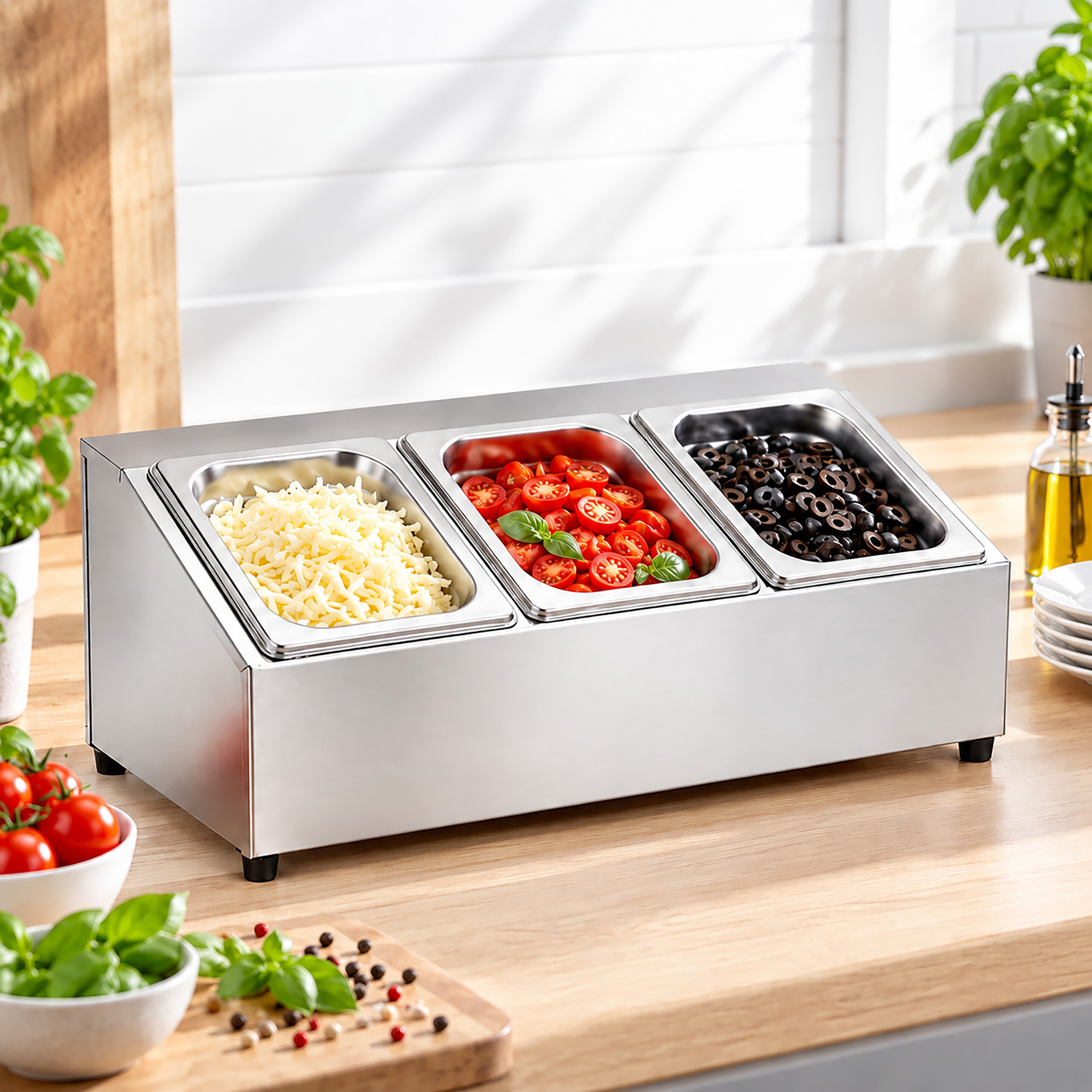 Edelstahl-Gewürzstation mit geriebenem Käse, halbierten Kirschtomaten und schwarzen Oliven auf einer Holztheke.
