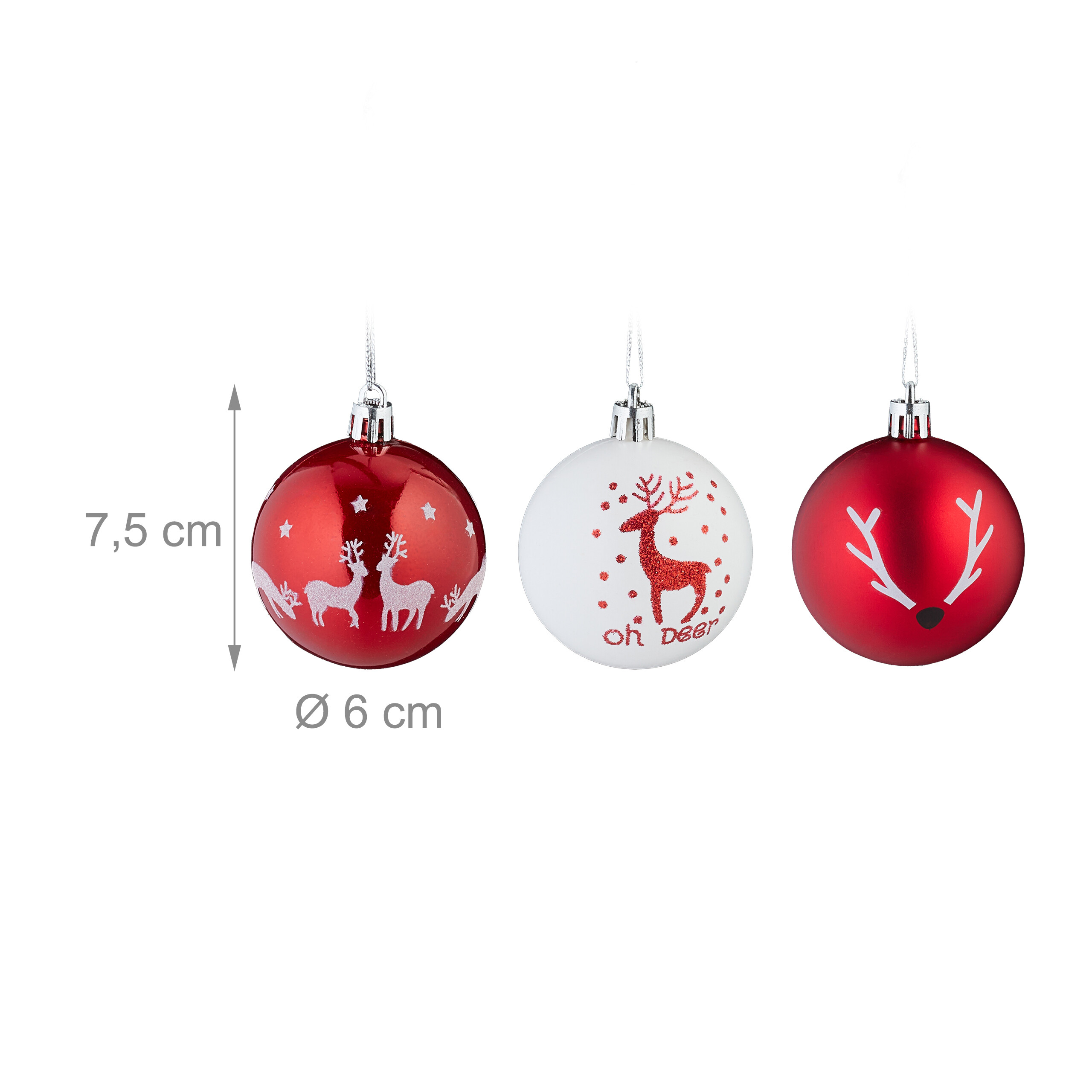 Drei Weihnachtskugeln mit Rehf-Motiven: zwei rote und eine weiße, mit Maßen von 7,5 cm Höhe und 6 cm Durchmesser.