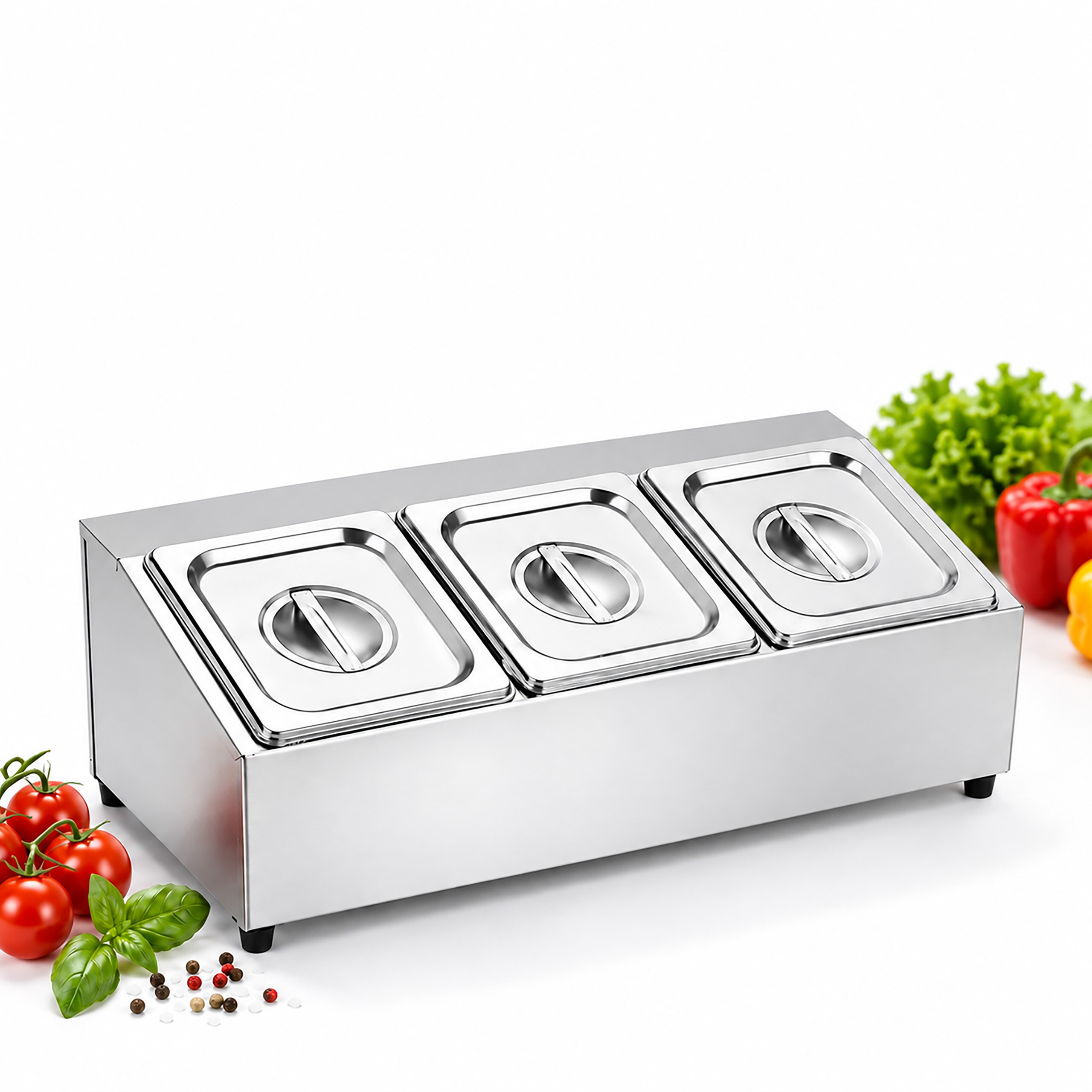Edelstahl-Bain-Marie mit drei Behältern, umgeben von frischen Tomaten, Basilikum und Paprika vor weißem Hintergrund.