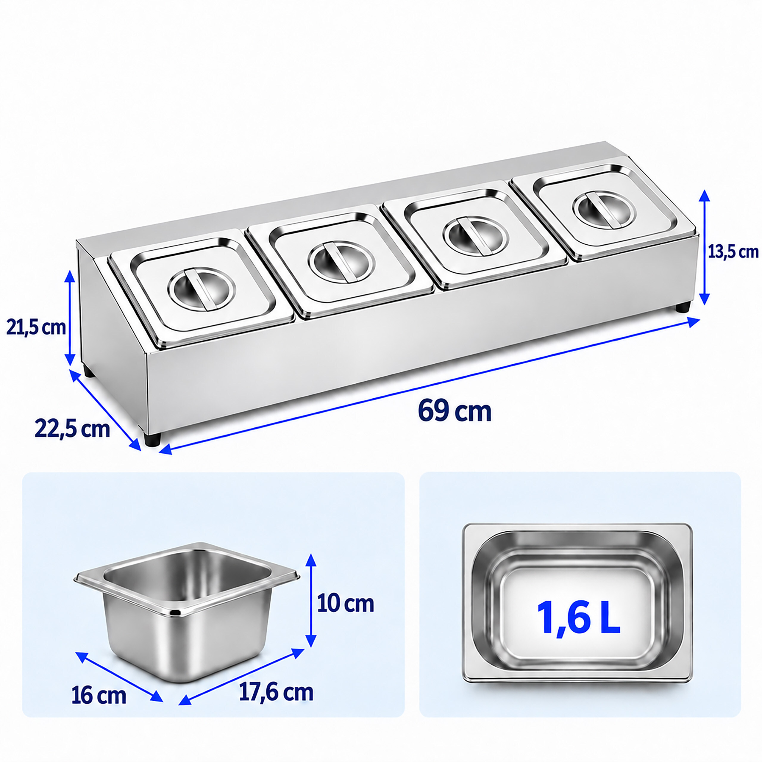 Edelstahl-Bain-Marie mit vier Behältern und Bemaßung.
