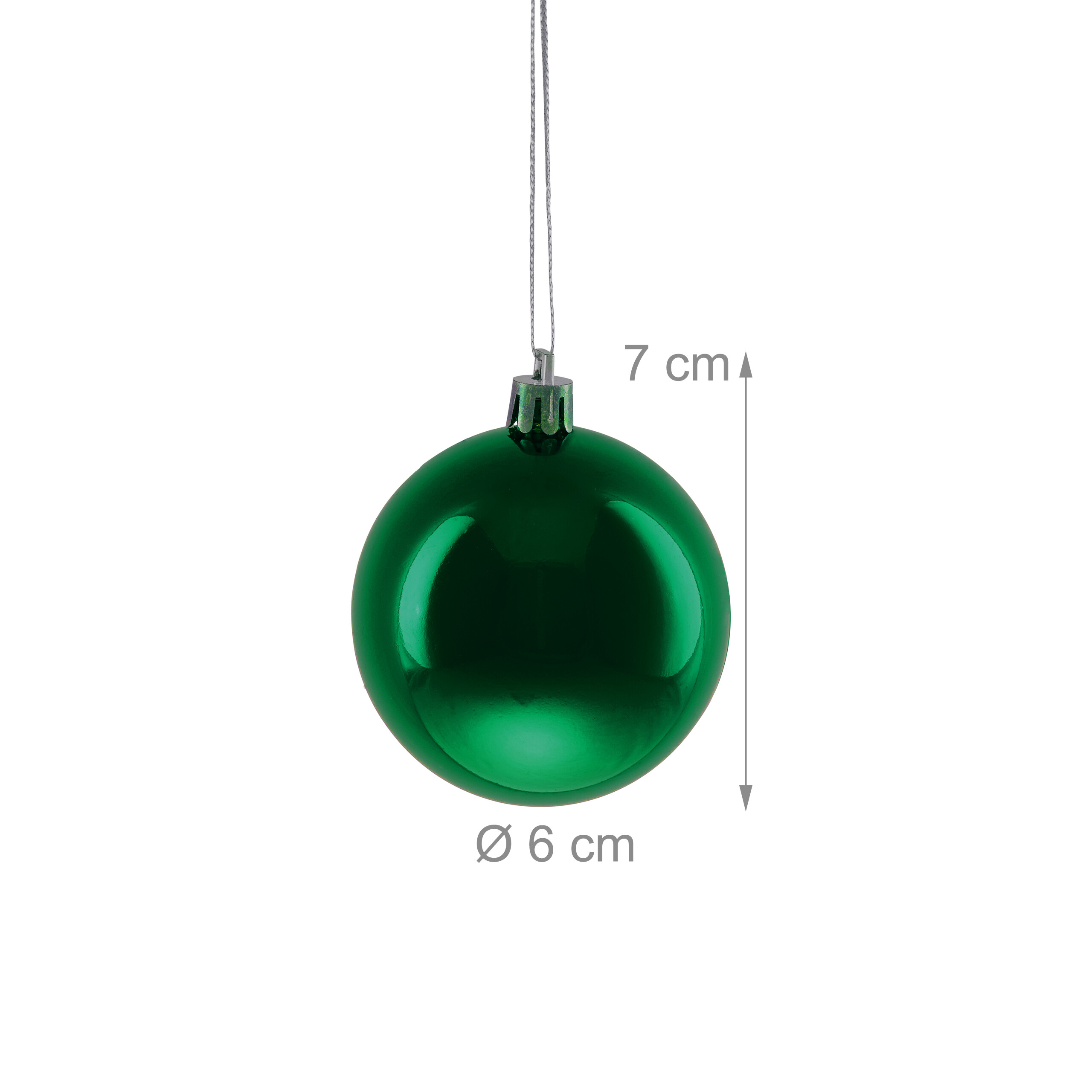 Glänzende grüne Weihnachtskugel an einer Schnur, Maße: 7 cm Höhe, 6 cm Durchmesser.