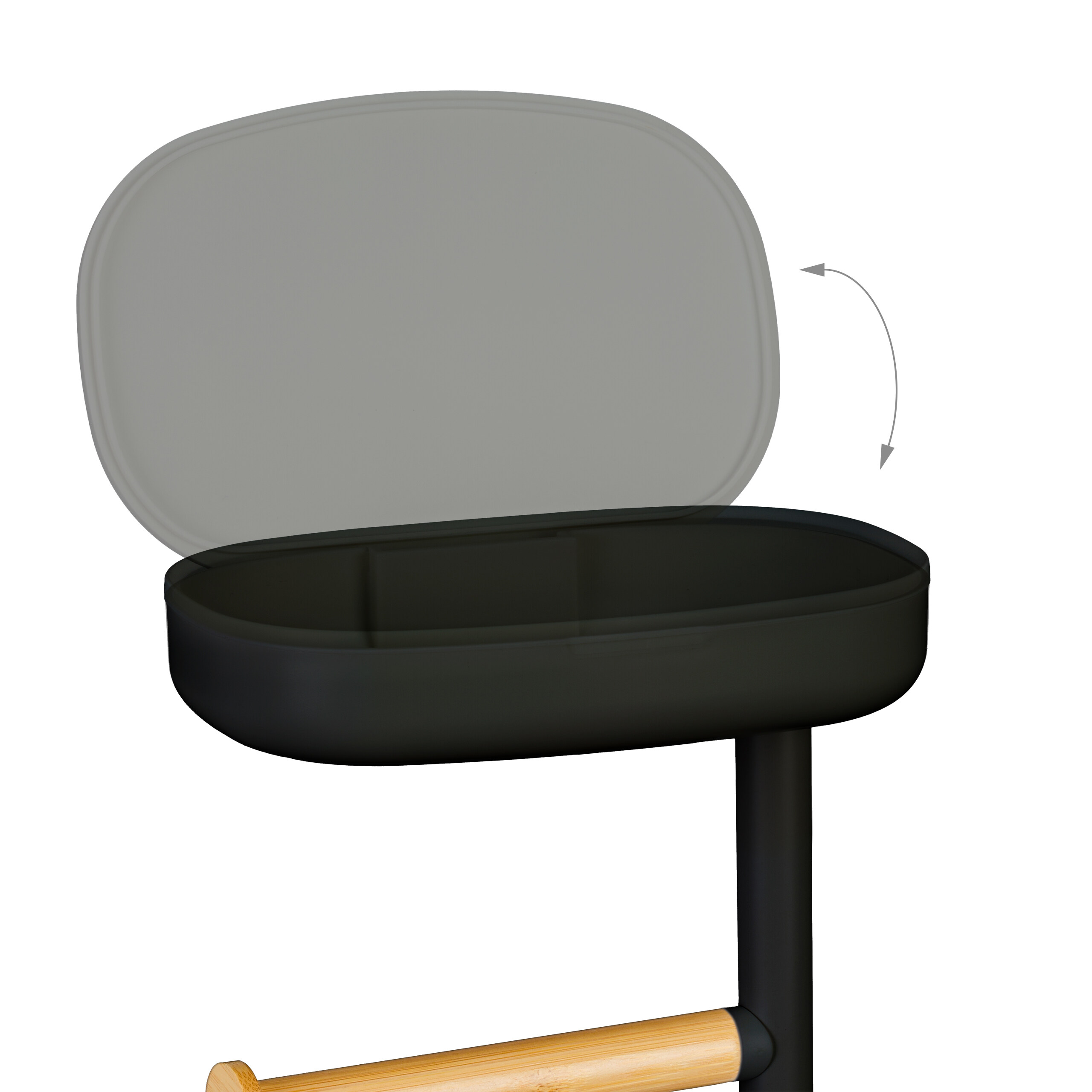 Schwarzer Toilettenpapierhalter mit Regal und aufklappbarem Deckel.