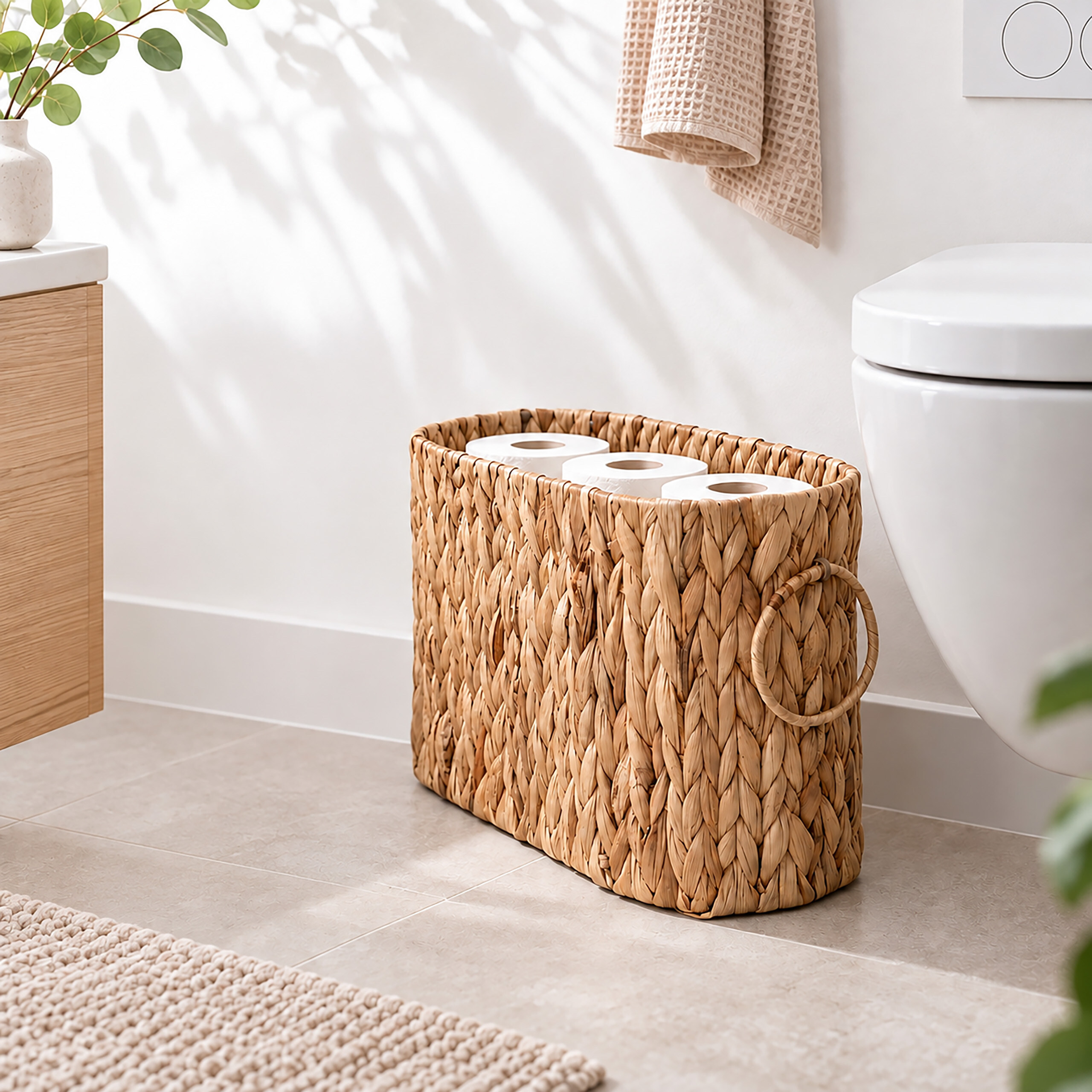 Ein gewebter Weidenkorb mit Toilettenpapierrollen steht auf einem gefliesten Badboden neben einer Toilette.