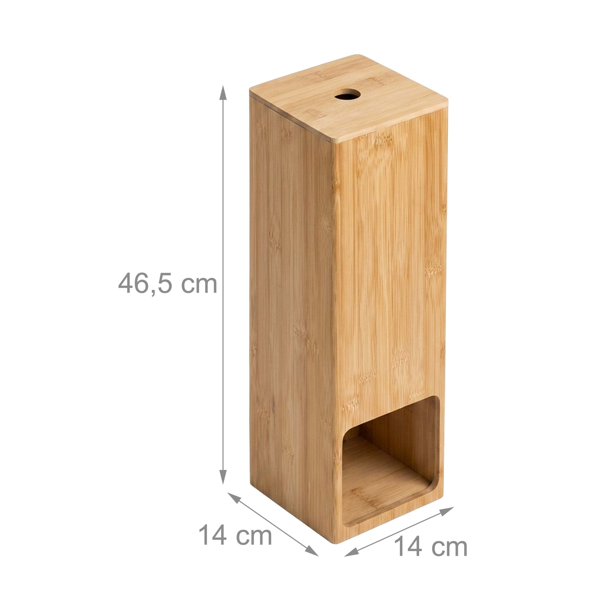 Bambus-Toilettenpapierhalter mit Maßen von 46,5 cm Höhe und je 14 cm Breite und Tiefe auf weißem Hintergrund.