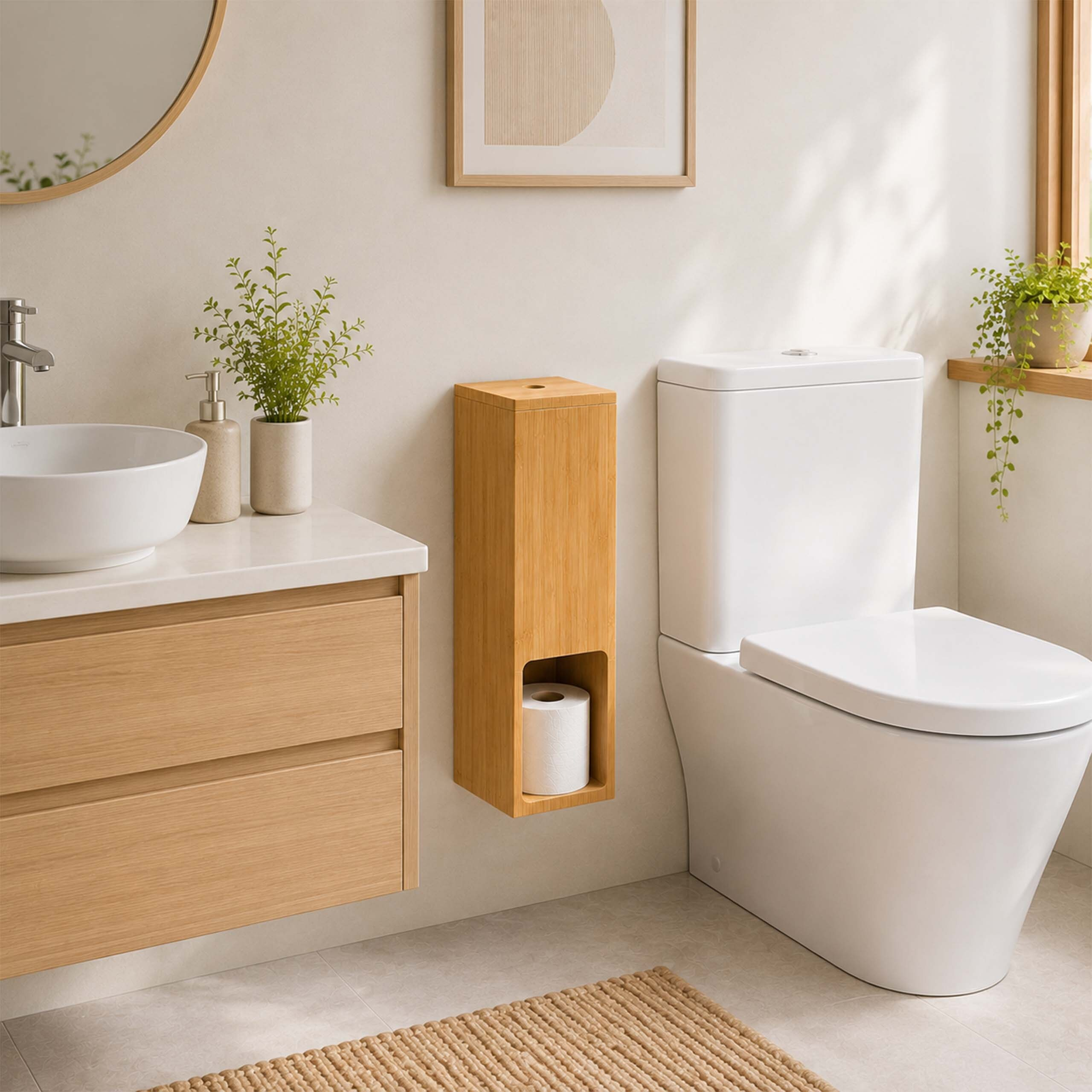 Ein modernes, helles Badezimmer mit weißer Toilette, Holzwaschtisch und wandmontiertem Toilettenpapierhalter.