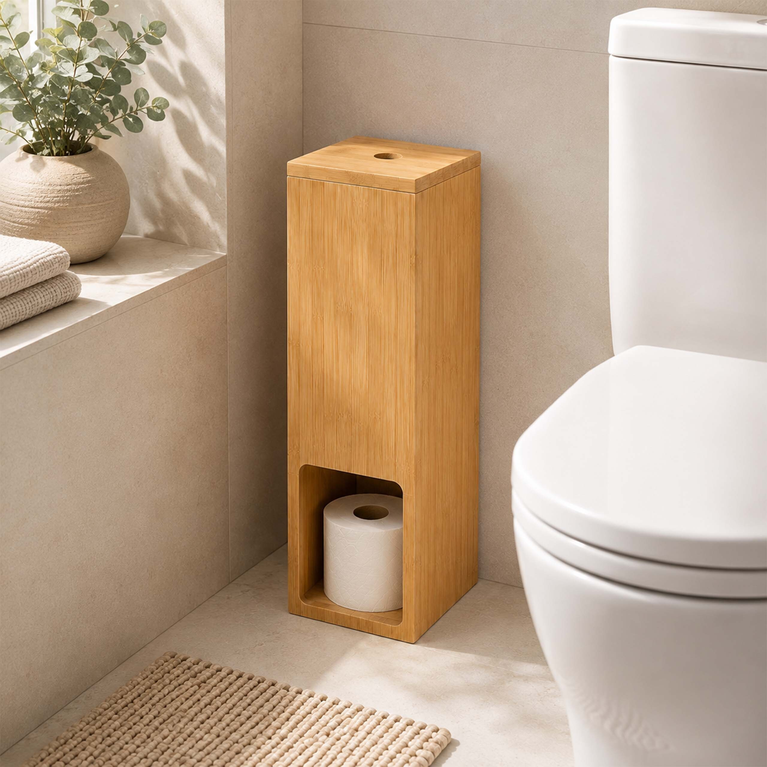 Ein hölzerner Toilettenpapierhalter steht in einem Badezimmer neben einer Toilette, mit einer Rolle im unteren Fach.