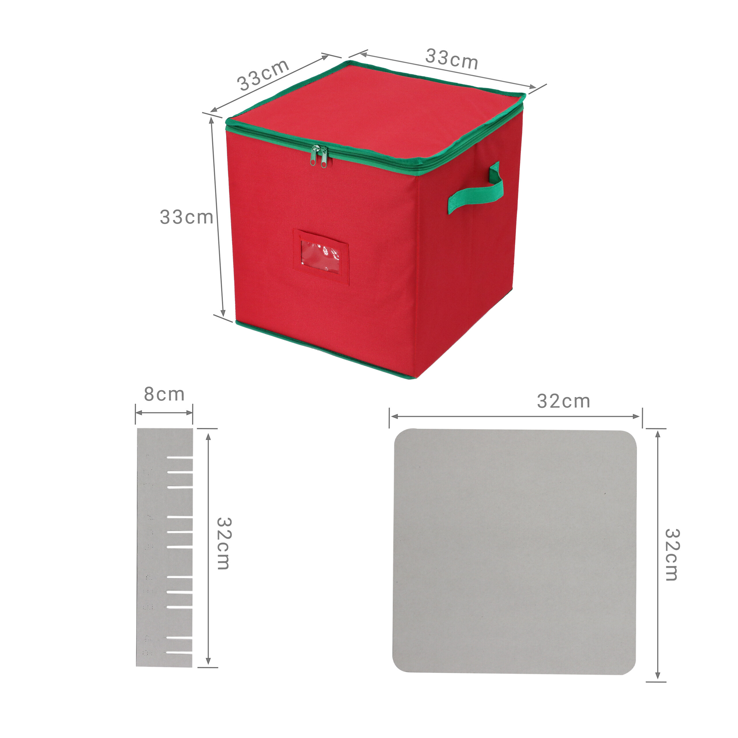 Rote Aufbewahrungsbox mit grünen Reißverschlüssen, Maßen 33x33x33cm, Trennwand und Bodenplatte.