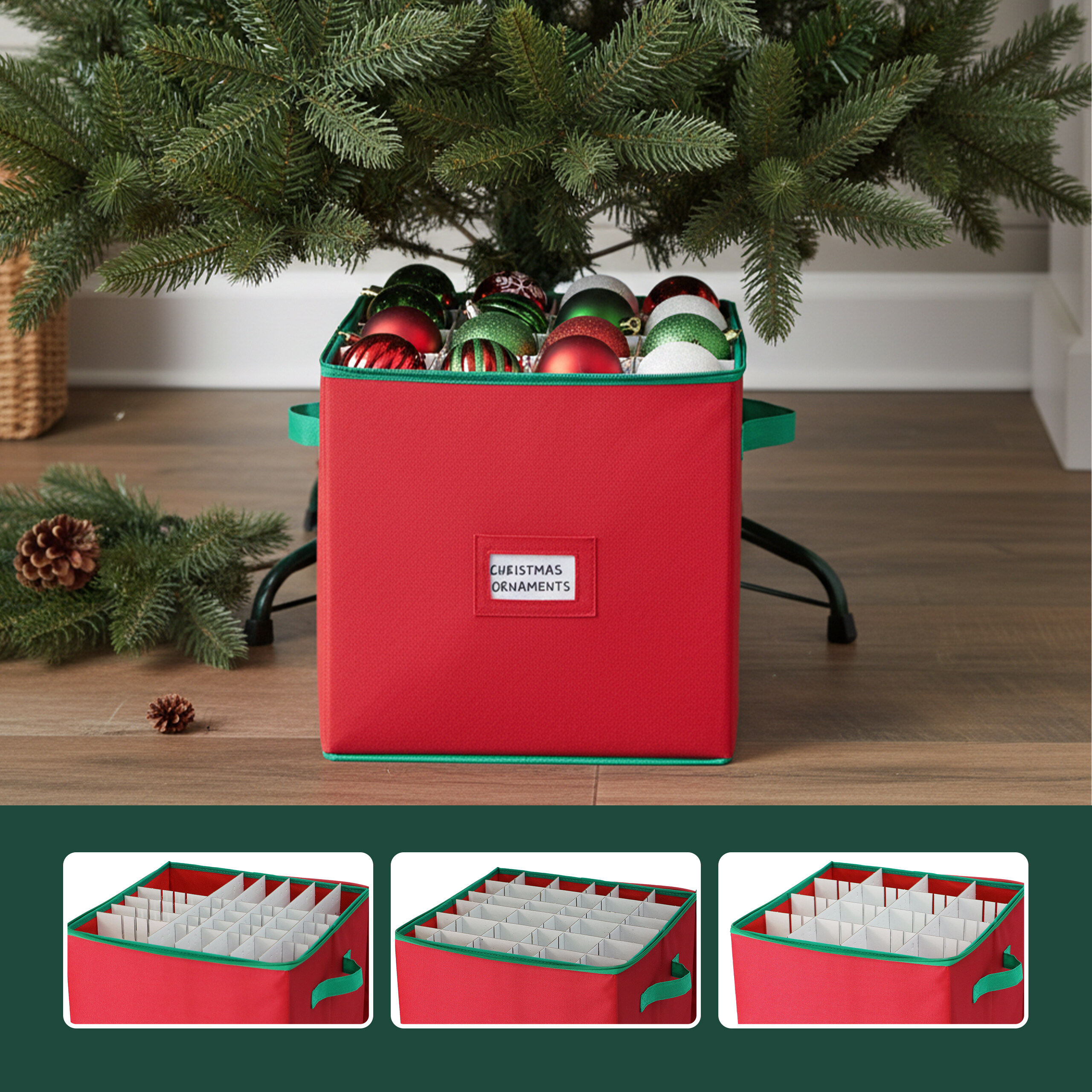 Eine rote Aufbewahrungsbox mit grünen Akzenten, gefüllt mit Weihnachtskugeln, steht unter einem Weihnachtsbaum.