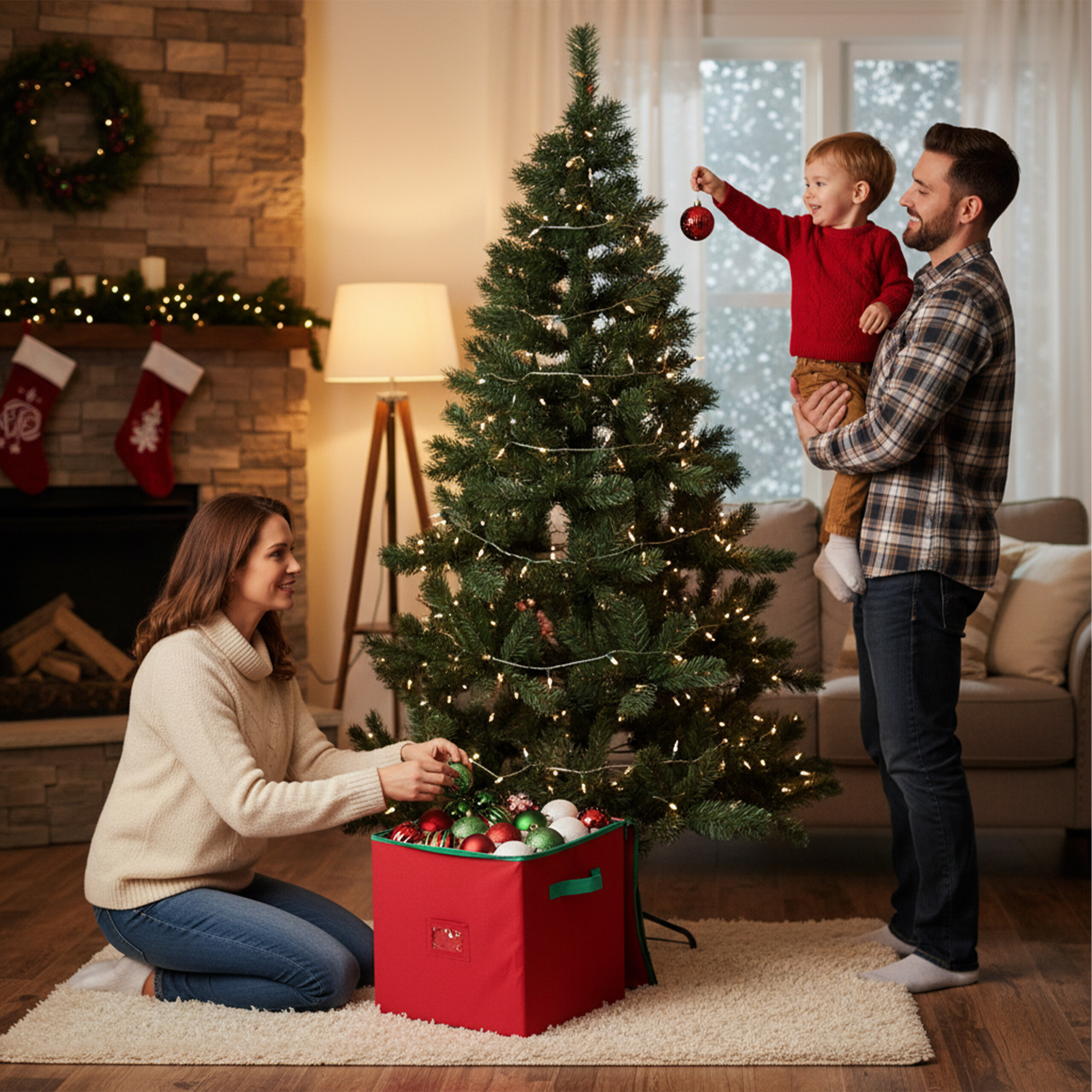 Eine Familie dekoriert zusammen im gemütlichen Wohnzimmer einen Weihnachtsbaum.