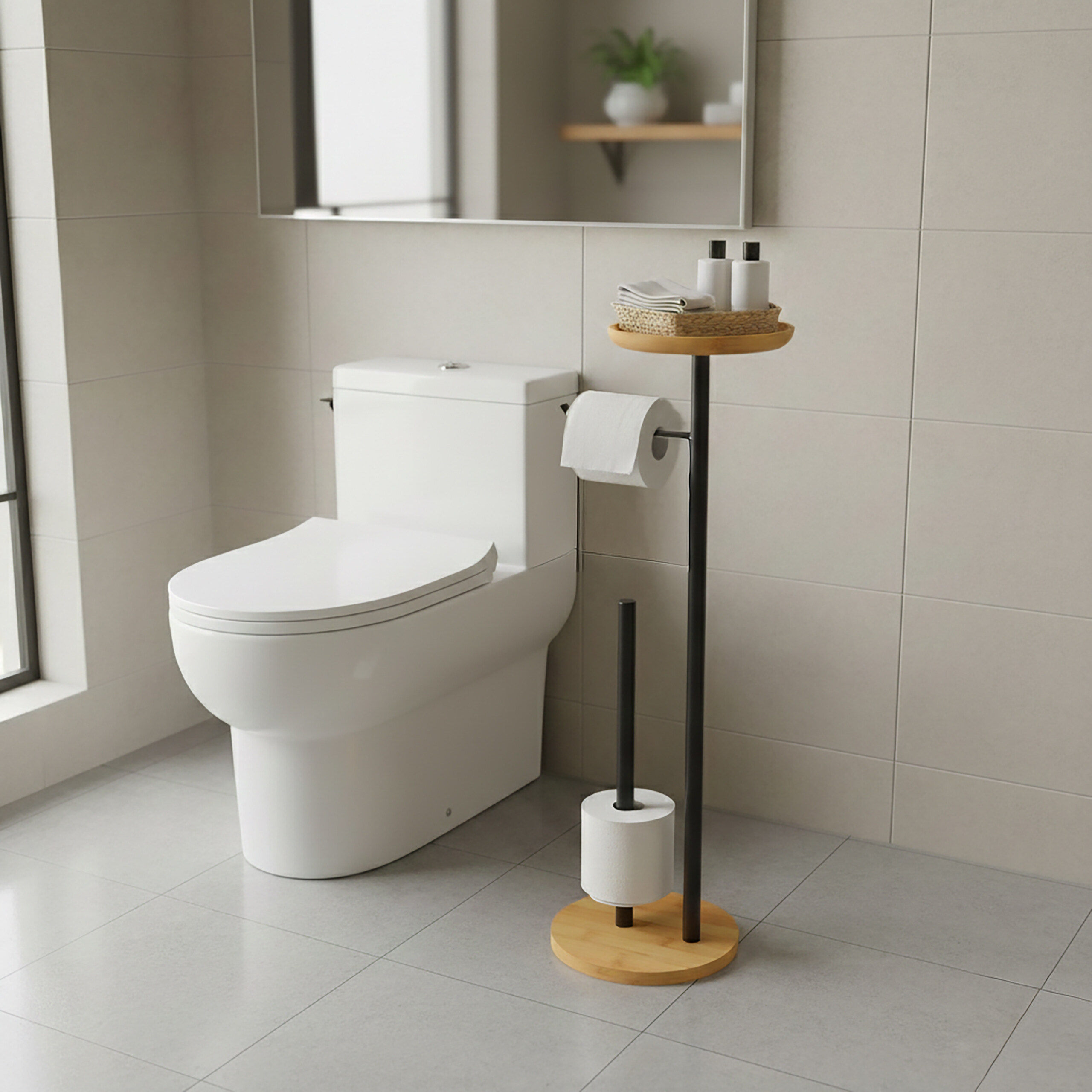Moderne Toilette mit schwarzem Toilettenpapierhalter und Ablagefach auf hellem Fliesenboden.
