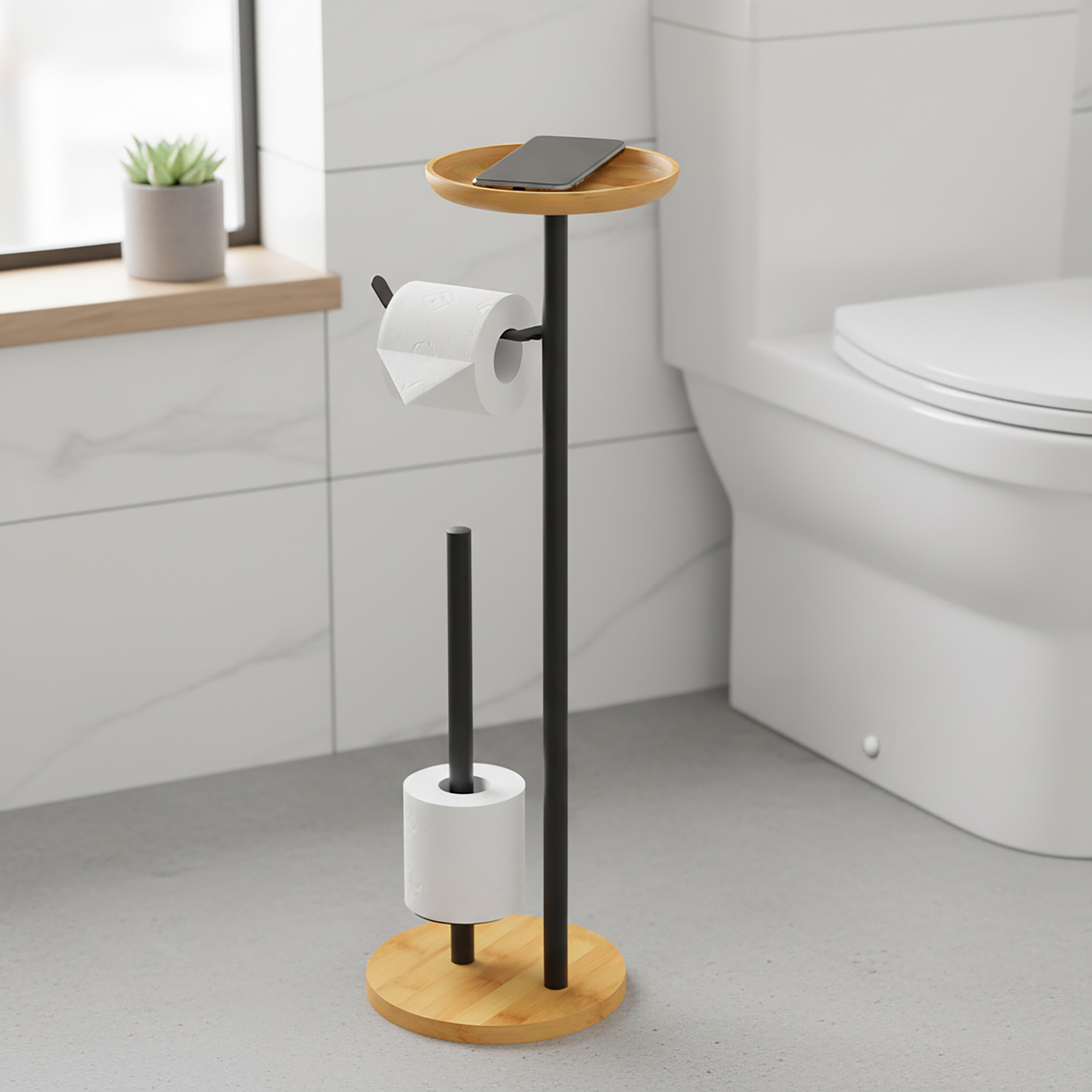 Ein schwarz-holzfarbener Toilettenpapierhalter mit Telefonablage steht in einem Badezimmer neben einer Toilette.