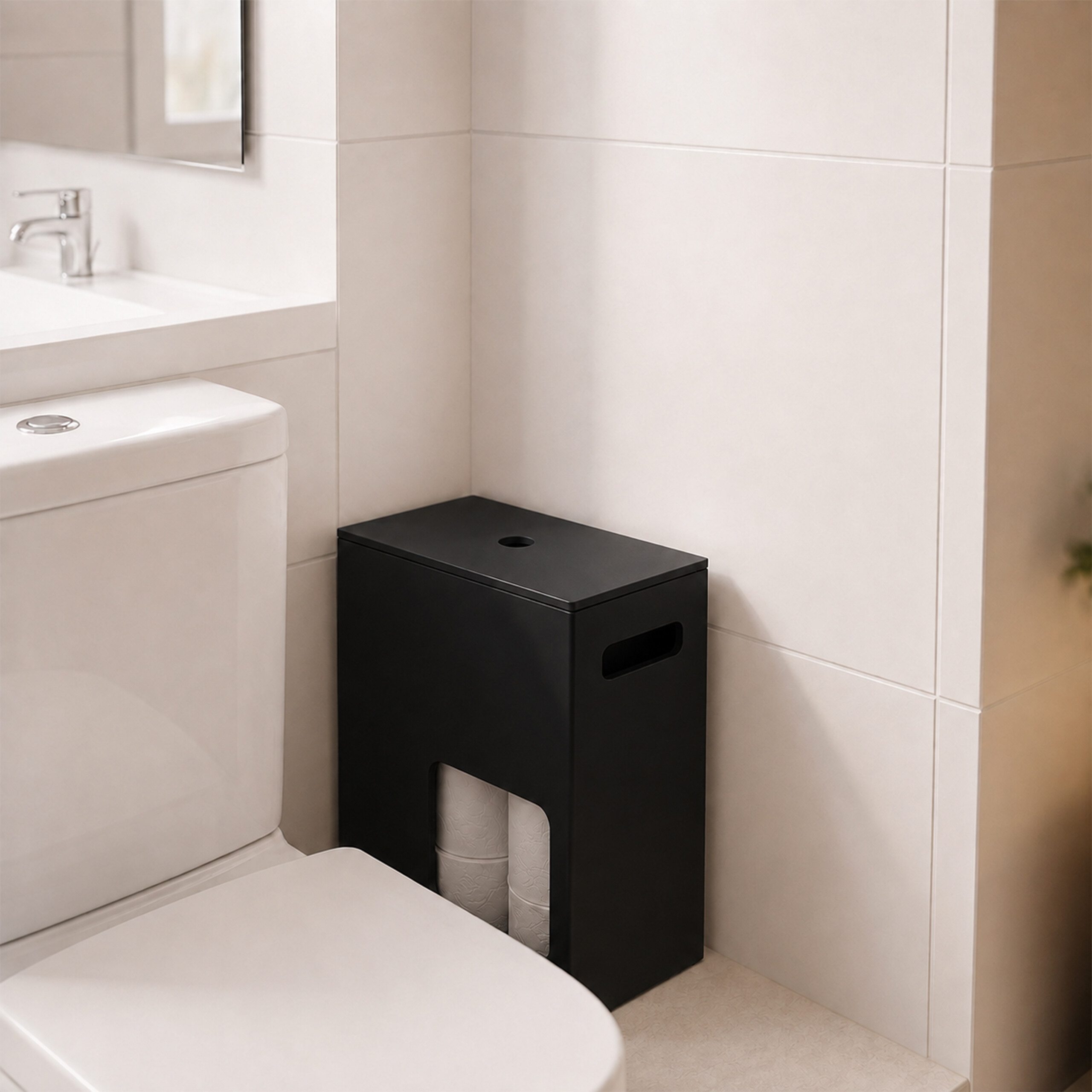 Ein schwarzer Toilettenpapierschrank steht in einem hellen Badezimmer neben einer weißen Toilette.