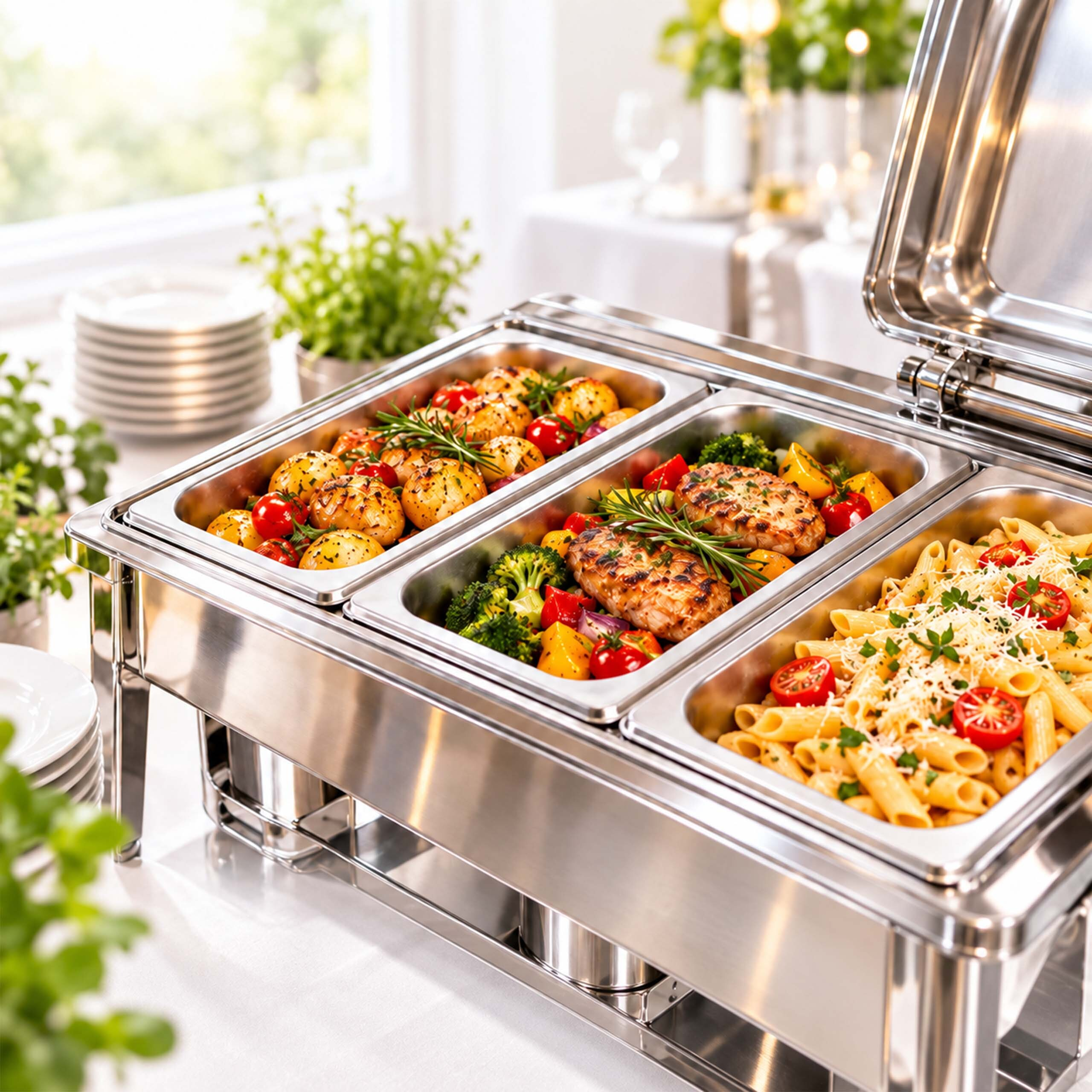 Ein Buffetwärmer mit drei Fächern voller Bratkartoffeln, gegrilltem Hähnchen mit Gemüse und Penne-Pasta.