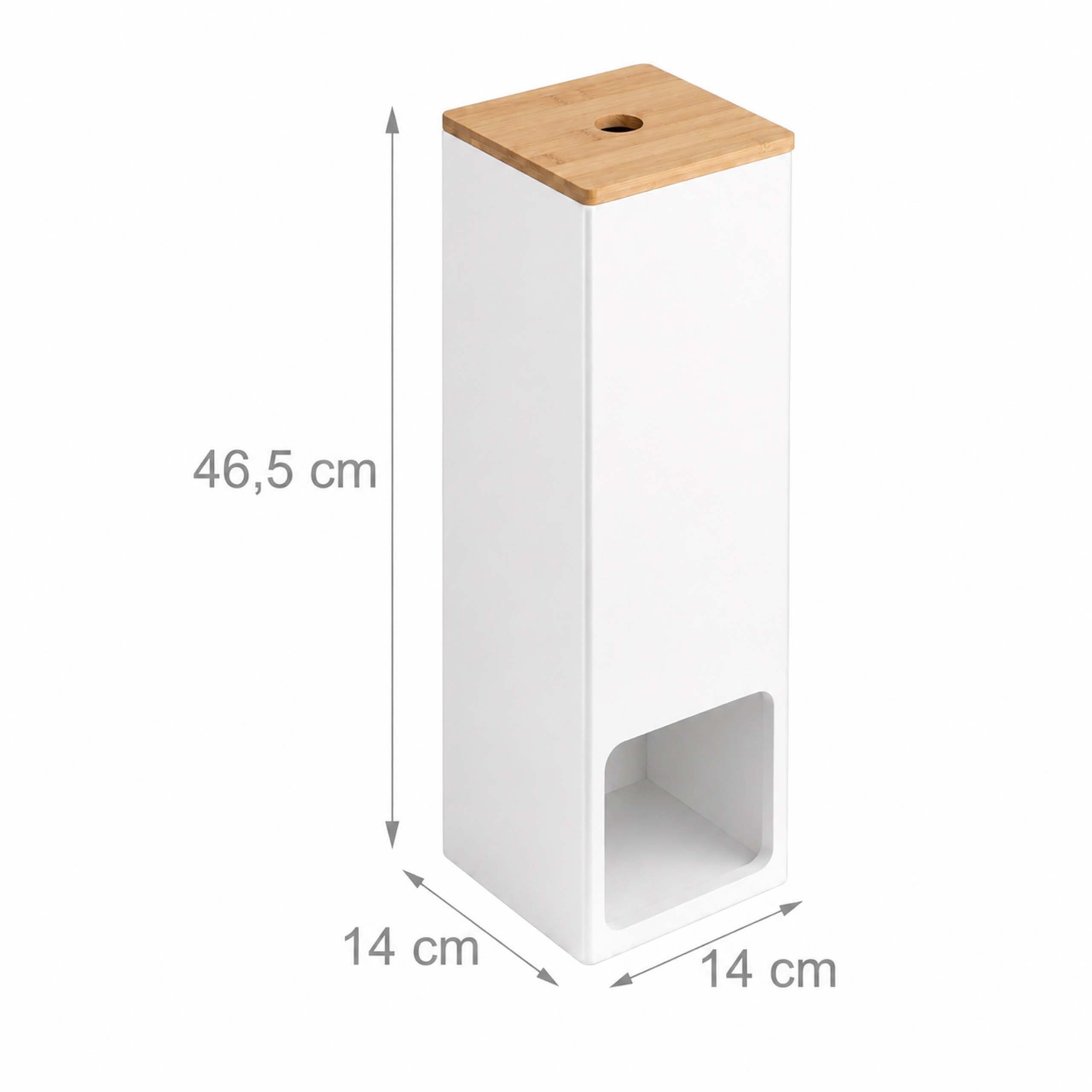 Weißer Toilettenpapierhalter aus Holz mit Bambusdeckel und Maßangaben.