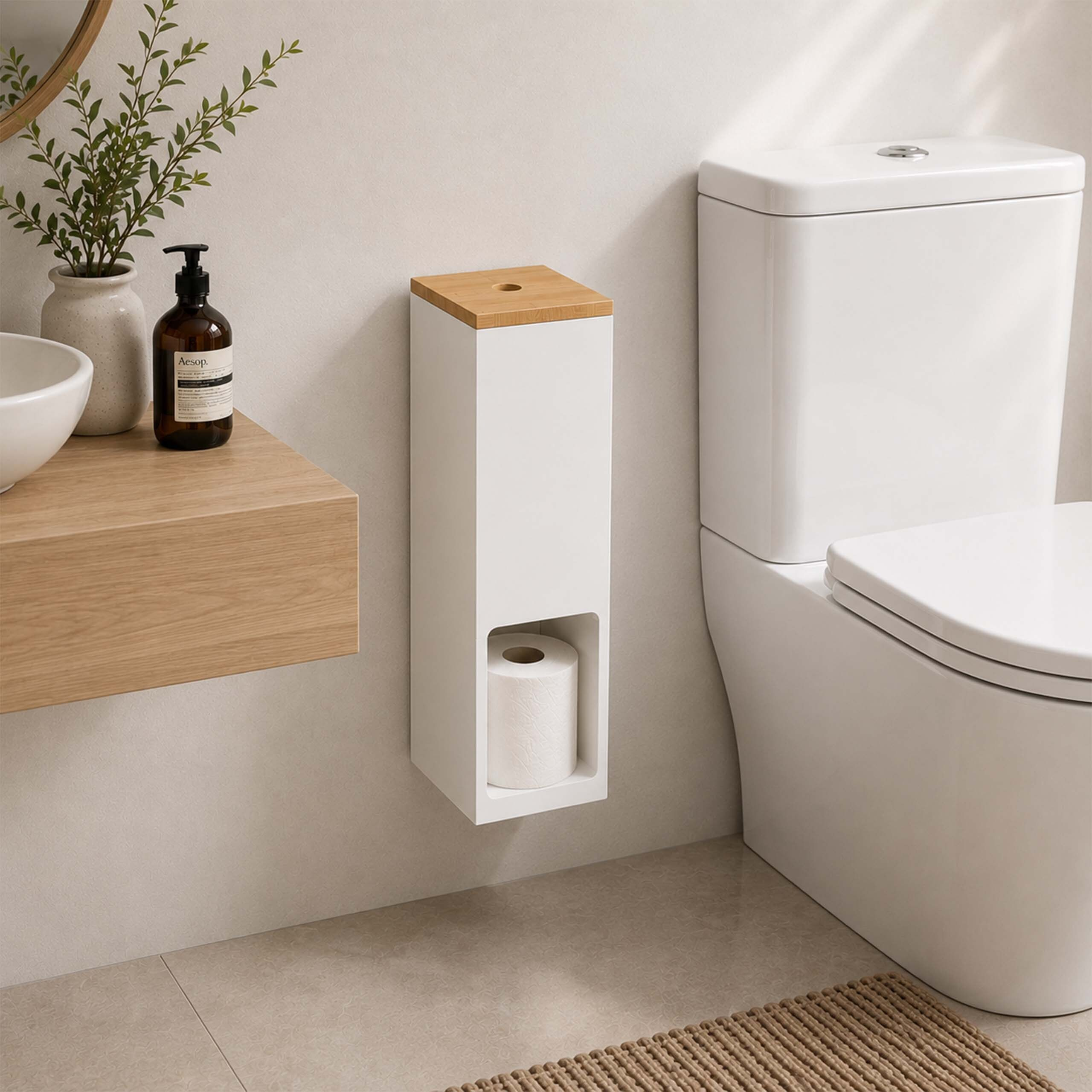 Ein weißer Toilettenpapierhalter mit Holzdeckel hängt an der Wand zwischen Regal und Toilette.