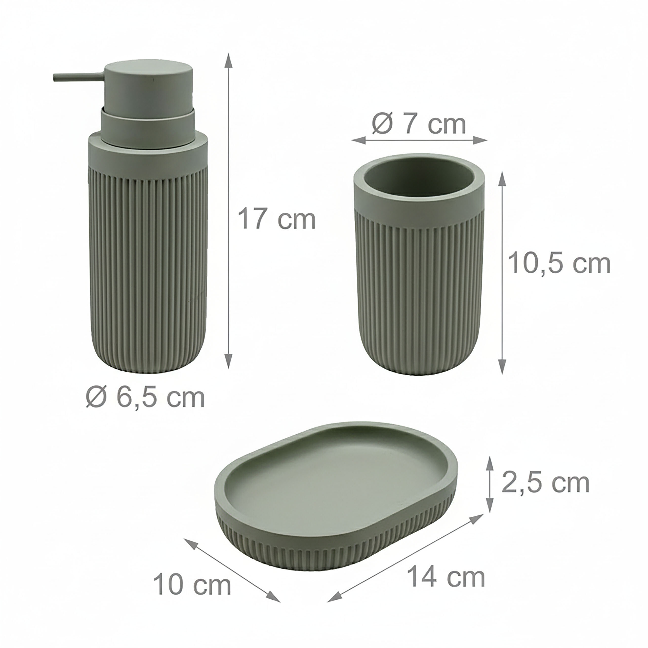 Grünes Badezimmer-Set mit Seifenspender, Becher und Seifenschale inklusive Maßangaben.