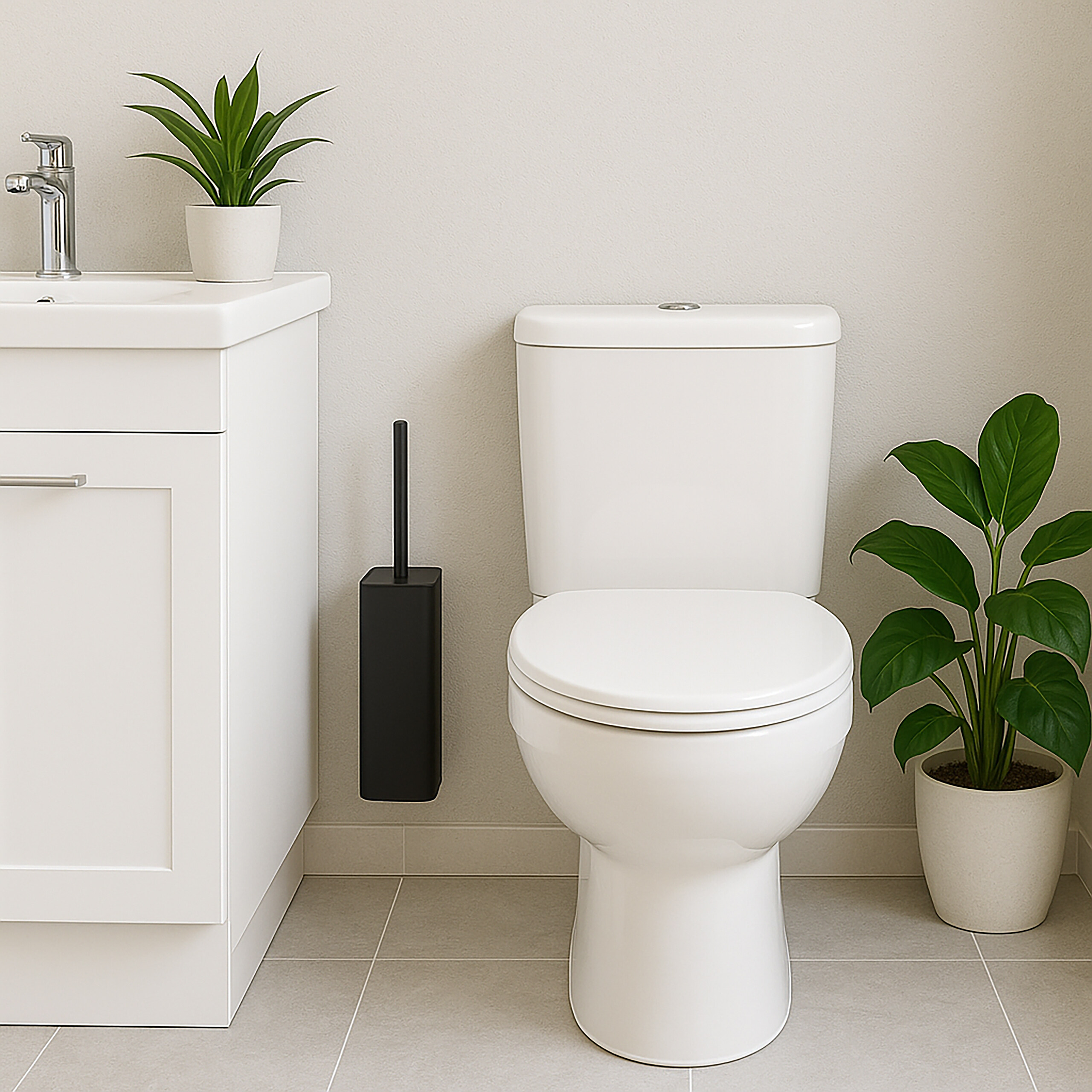 Ein weißes WC mit Toilettenbürste, ein Waschbecken und zwei Topfpflanzen in einem minimalistischen Badezimmer.