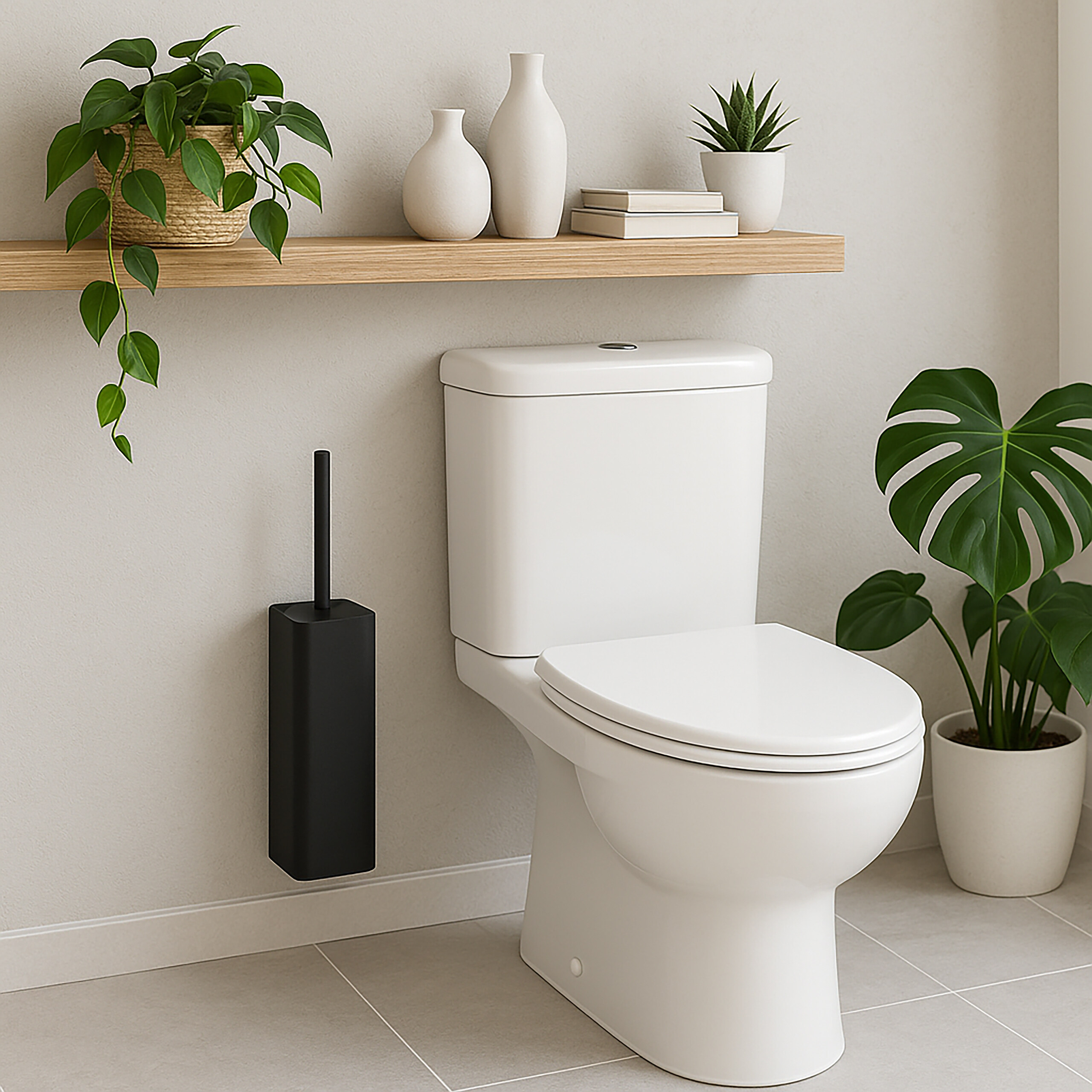 Eine weiße Toilette mit schwarzer Bürste, ein Holzregal mit Pflanzen und Vasen sowie eine Topfpflanze.