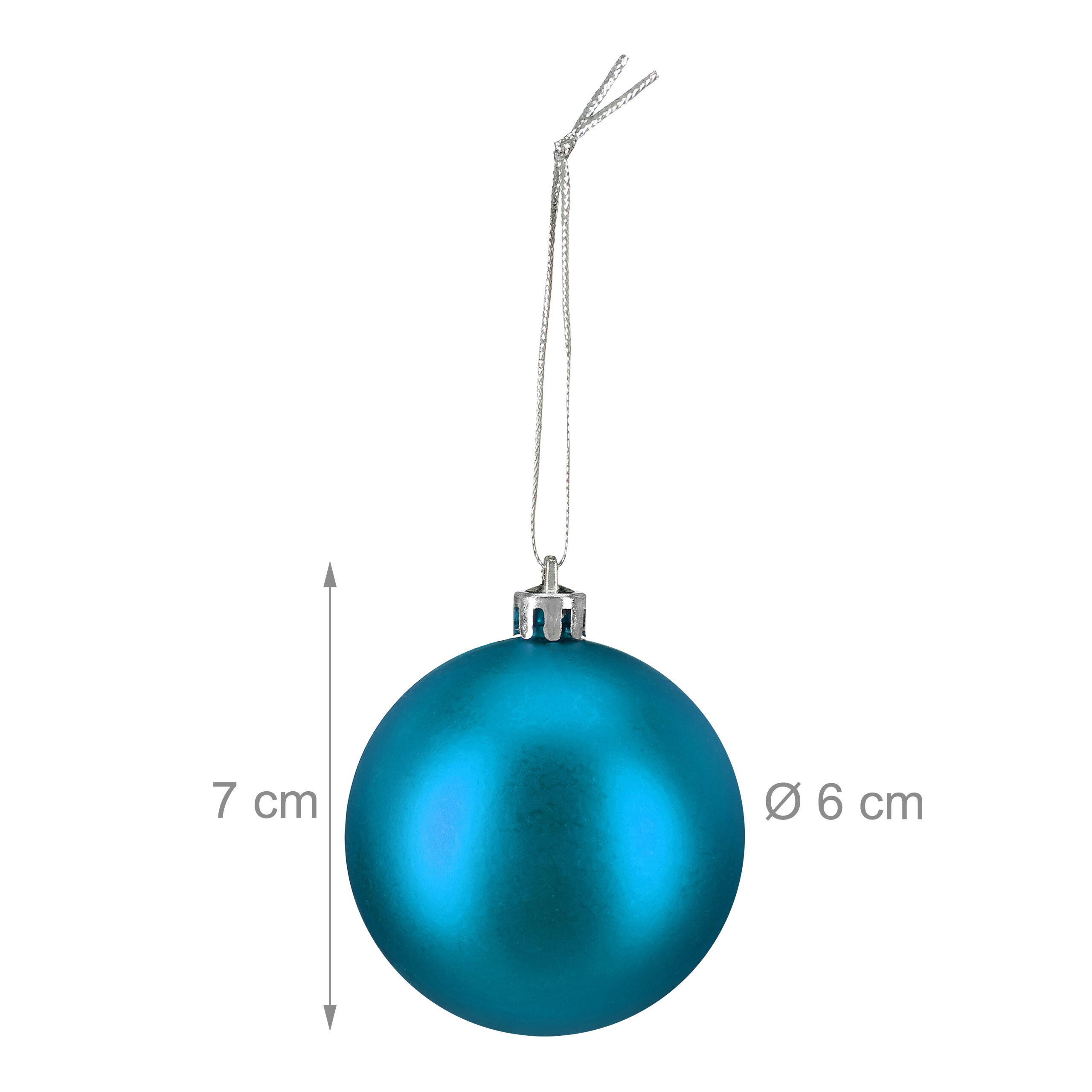 Eine glänzende blaue Weihnachtskugel mit silberner Kappe und Schnur, 7 cm hoch und 6 cm im Durchmesser.