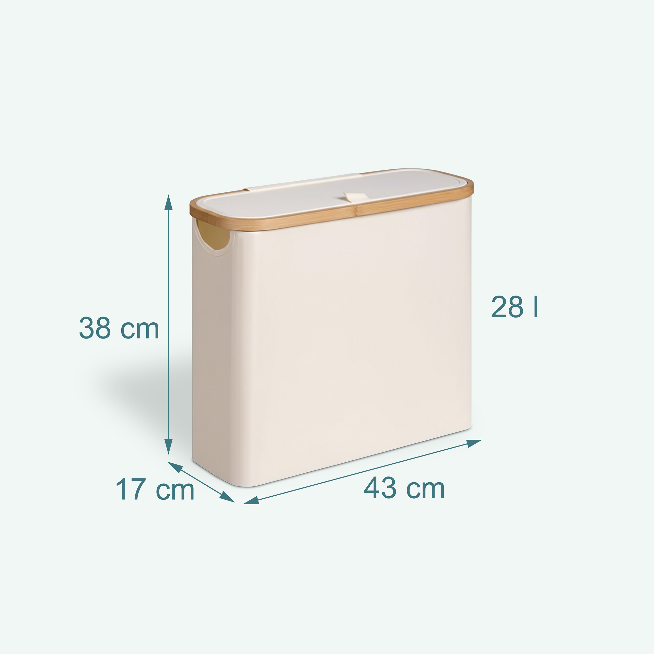 Beige Muelleimer mit Holzdeckel, Maße 43x17x38 cm, 28 Liter Fassungsvermögen.