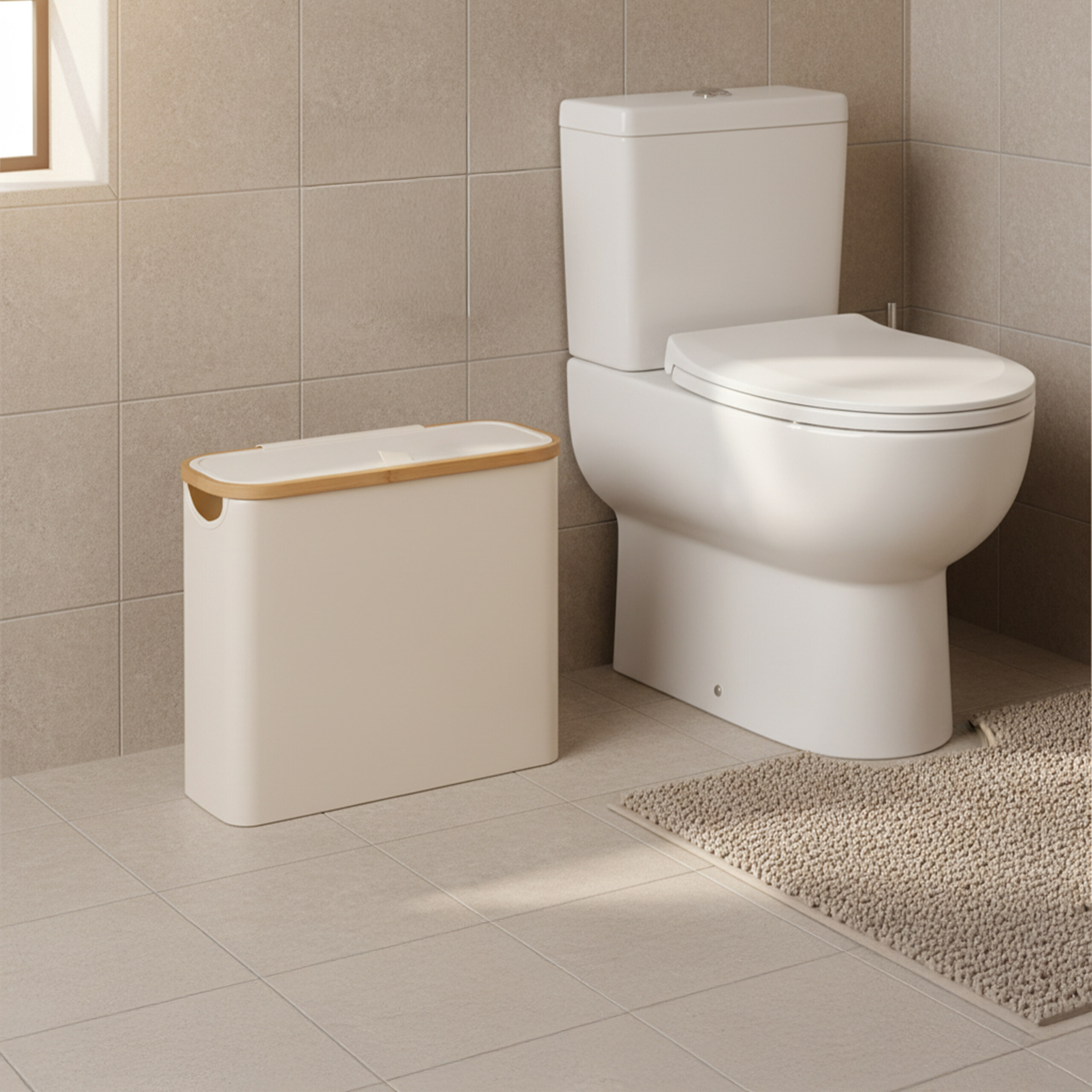Eine weiße Toilette und ein passender Mülleimer mit Bambusrand stehen in einem gefliesten Bad.