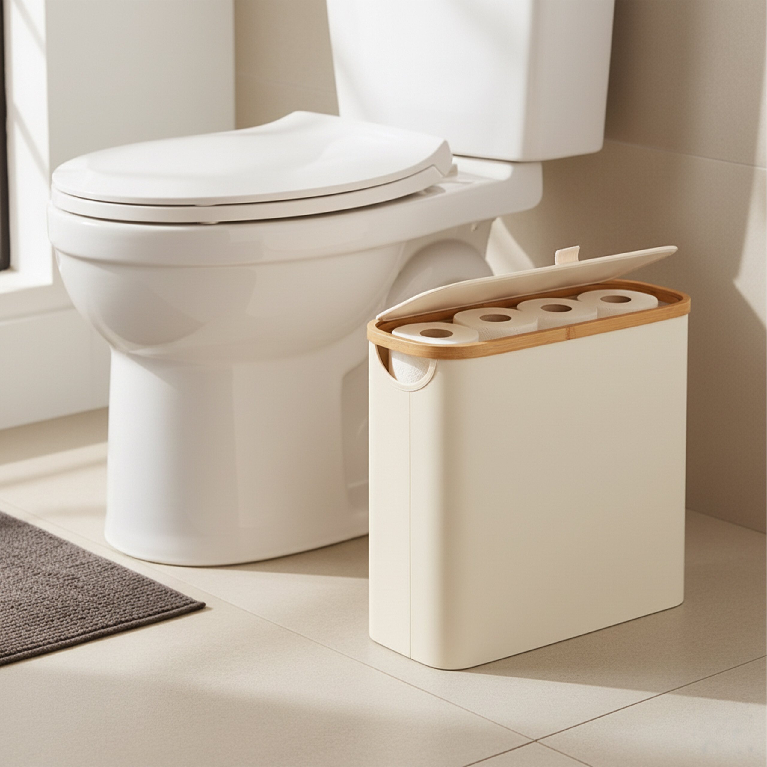 Ein weißer Toilettensitz und ein offener Toilettenpapierhalter mit vier Rollen auf dem gefliesten Boden.