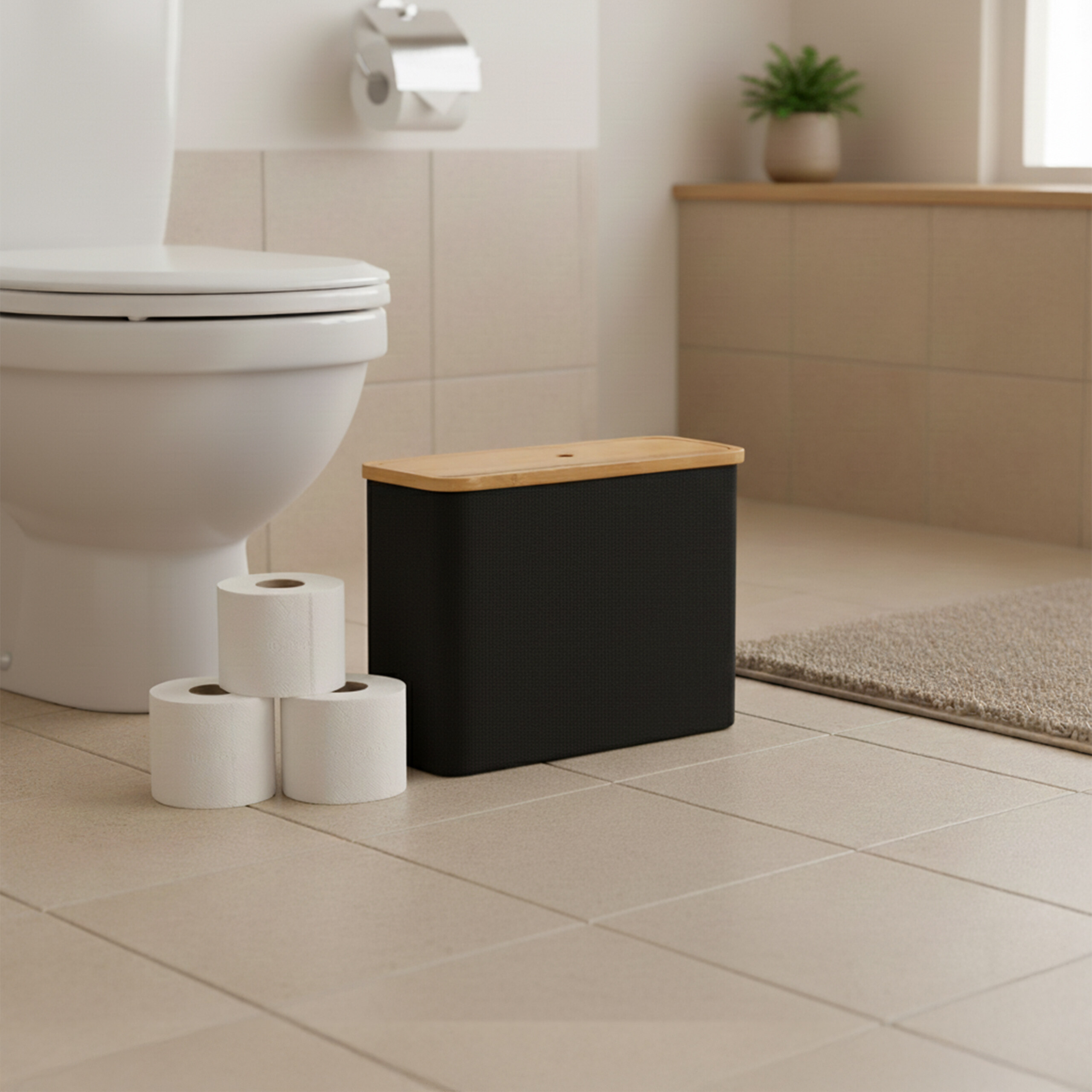 Ein schwarzer Vorratsbehälter mit Holzdeckel steht neben der Toilette und drei Toilettenpapierrollen auf Fliesen.