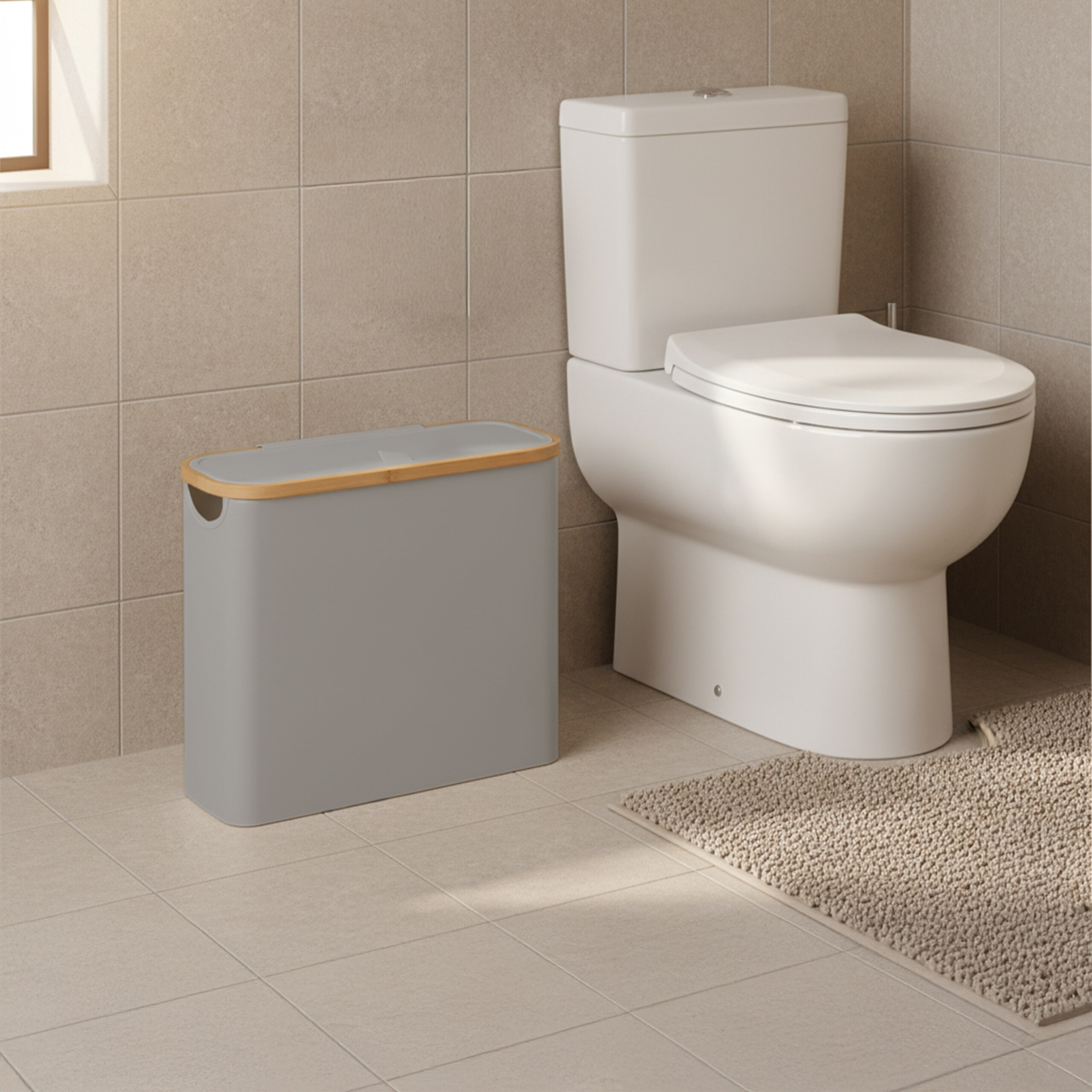Eine graue Badmülltonne mit Holzrand steht neben einer weißen Toilette und einem Teppich auf braunen Fliesen.