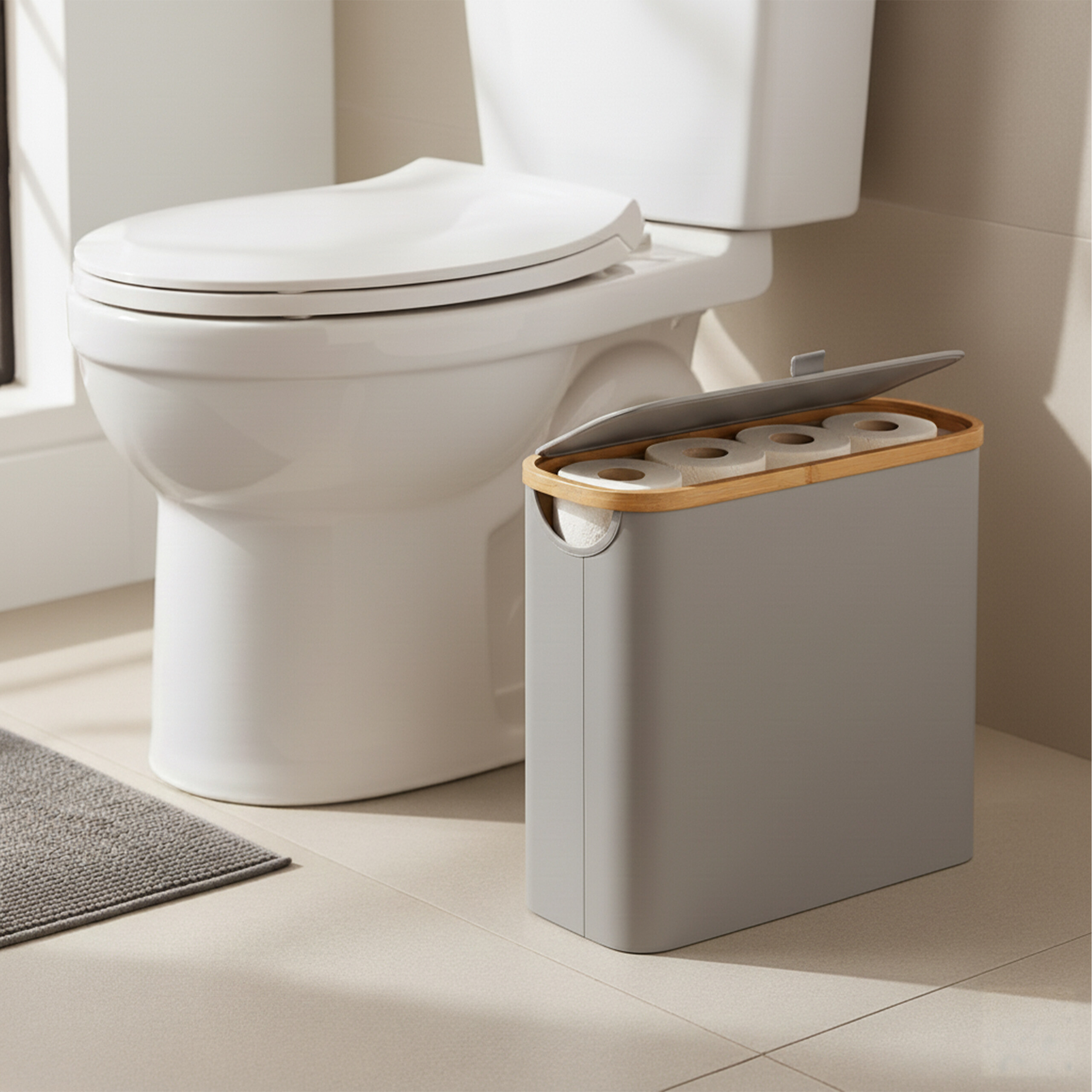 Ein grauer WC-Papierhalter mit Holzrand steht neben einer weißen Toilette im Badezimmer.