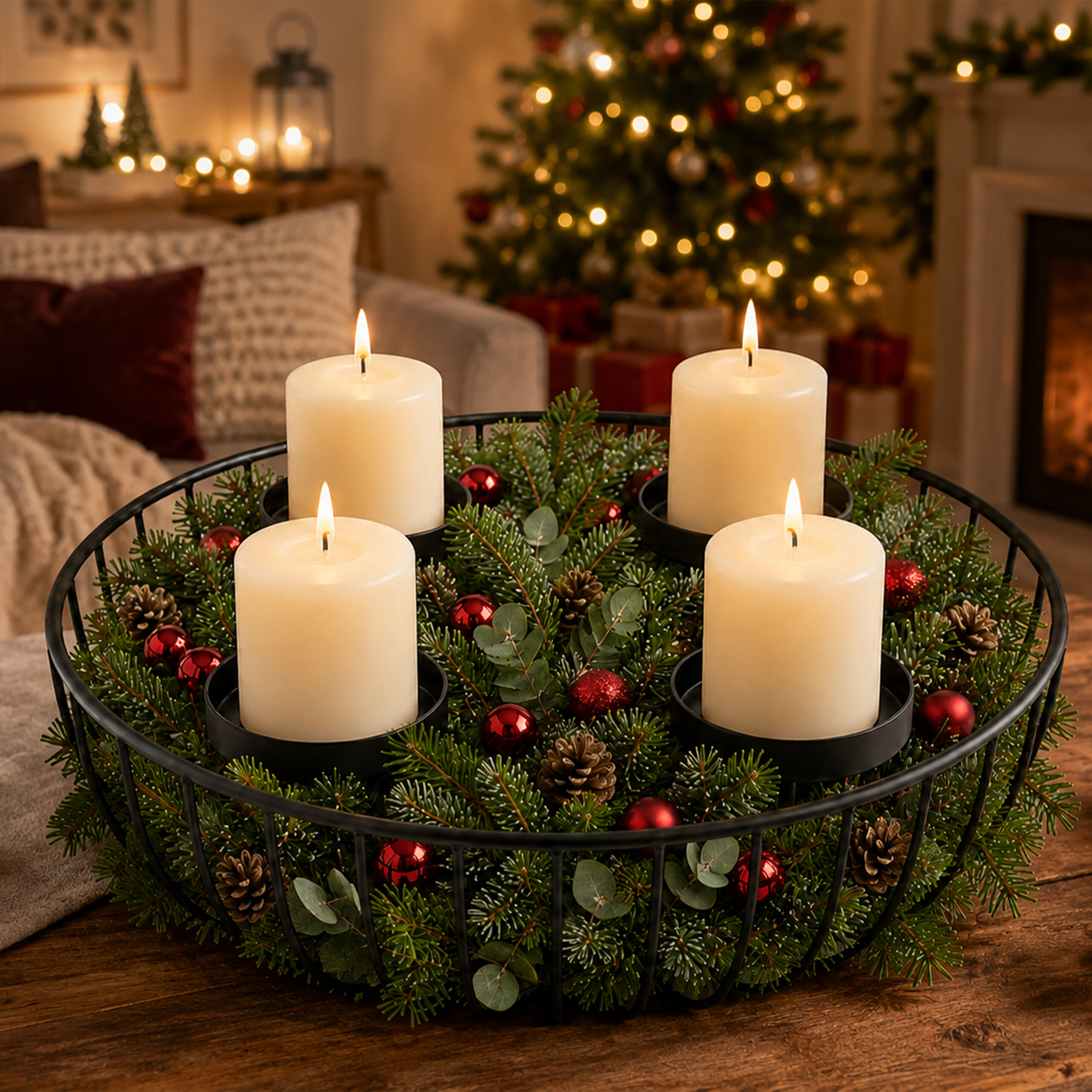 Adventskranz mit vier brennenden Kerzen in einem Metallkorb, geschmückt mit Tannengrün, Zapfen und roten Kugeln.