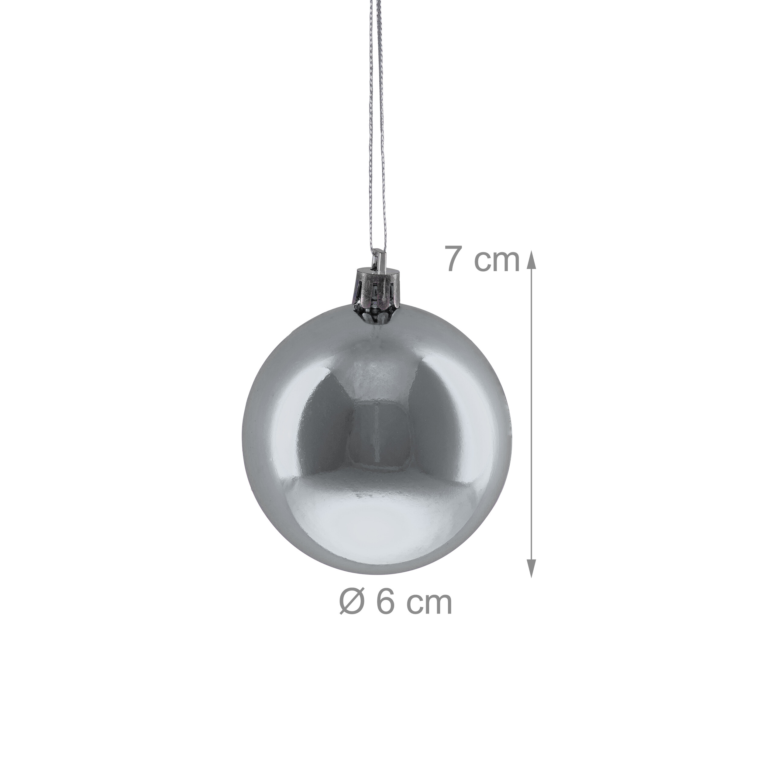 Glänzende silberne Weihnachtskugel mit einer Höhe von 7 cm und einem Durchmesser von 6 cm.