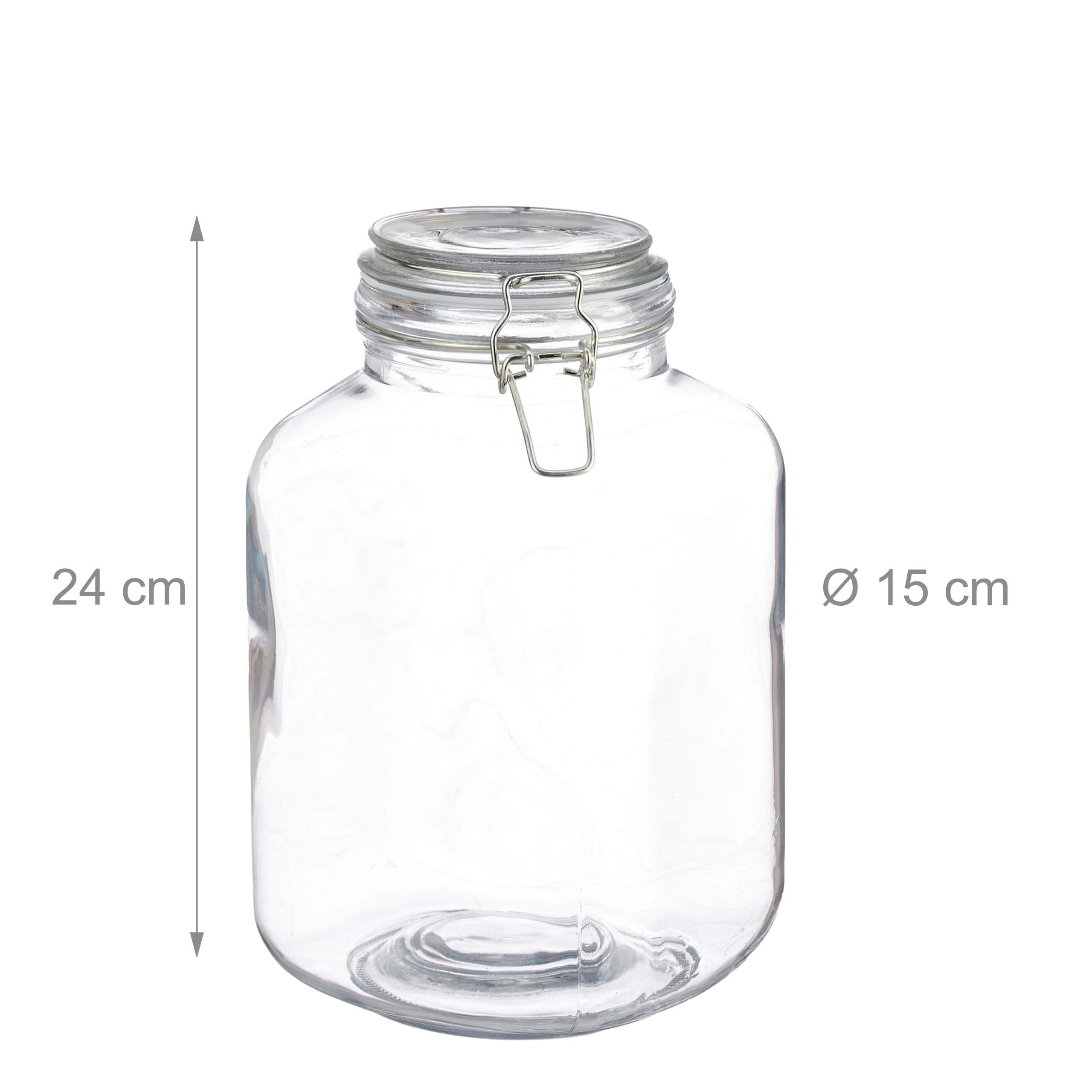 Ein großes, durchsichtiges Glasgefäß mit einem Metallbügelverschluss, 24 cm hoch und 15 cm im Durchmesser.