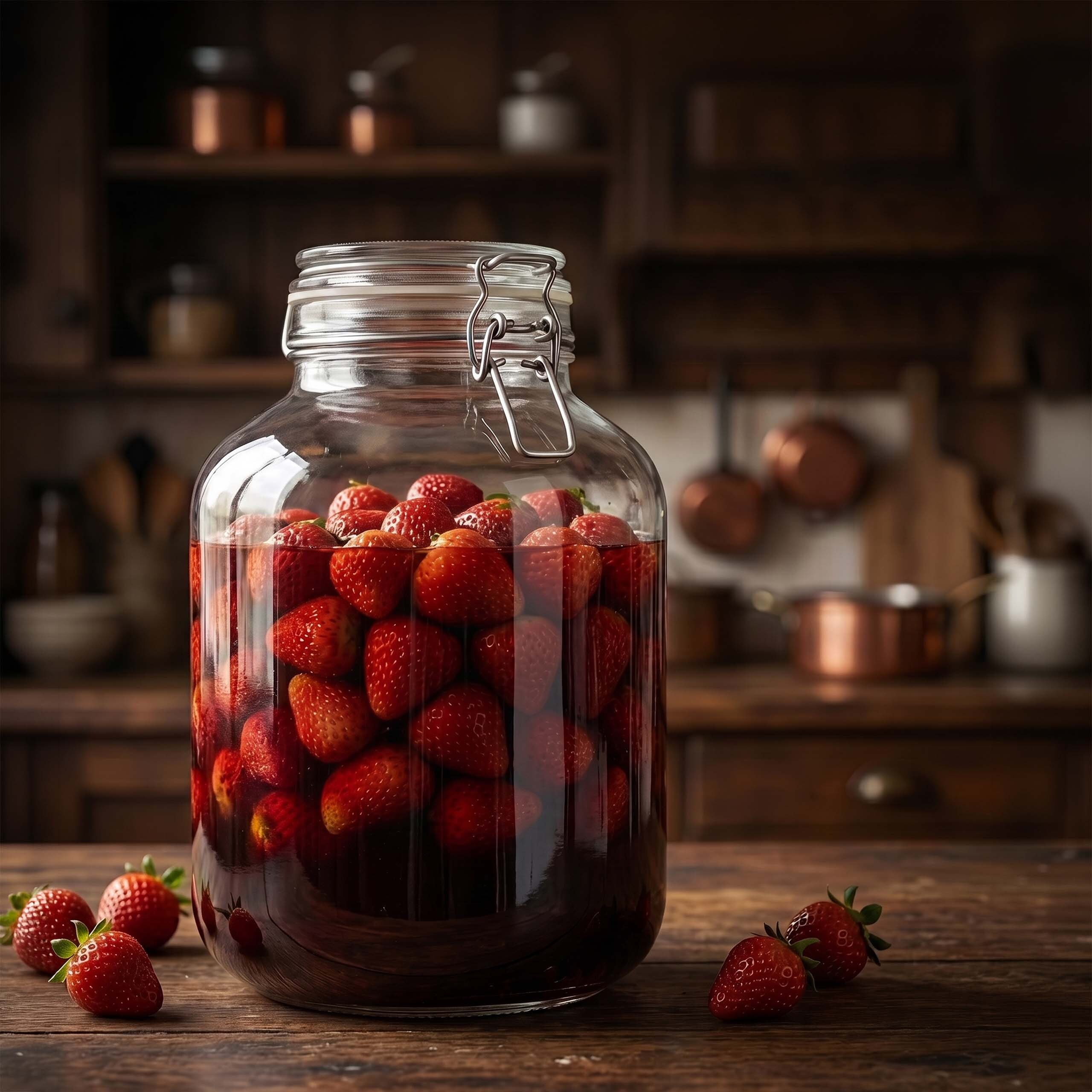 Ein großes Glasgefäß mit Erdbeeren in dunkler Flüssigkeit auf einem Holztisch, daneben lose Erdbeeren.