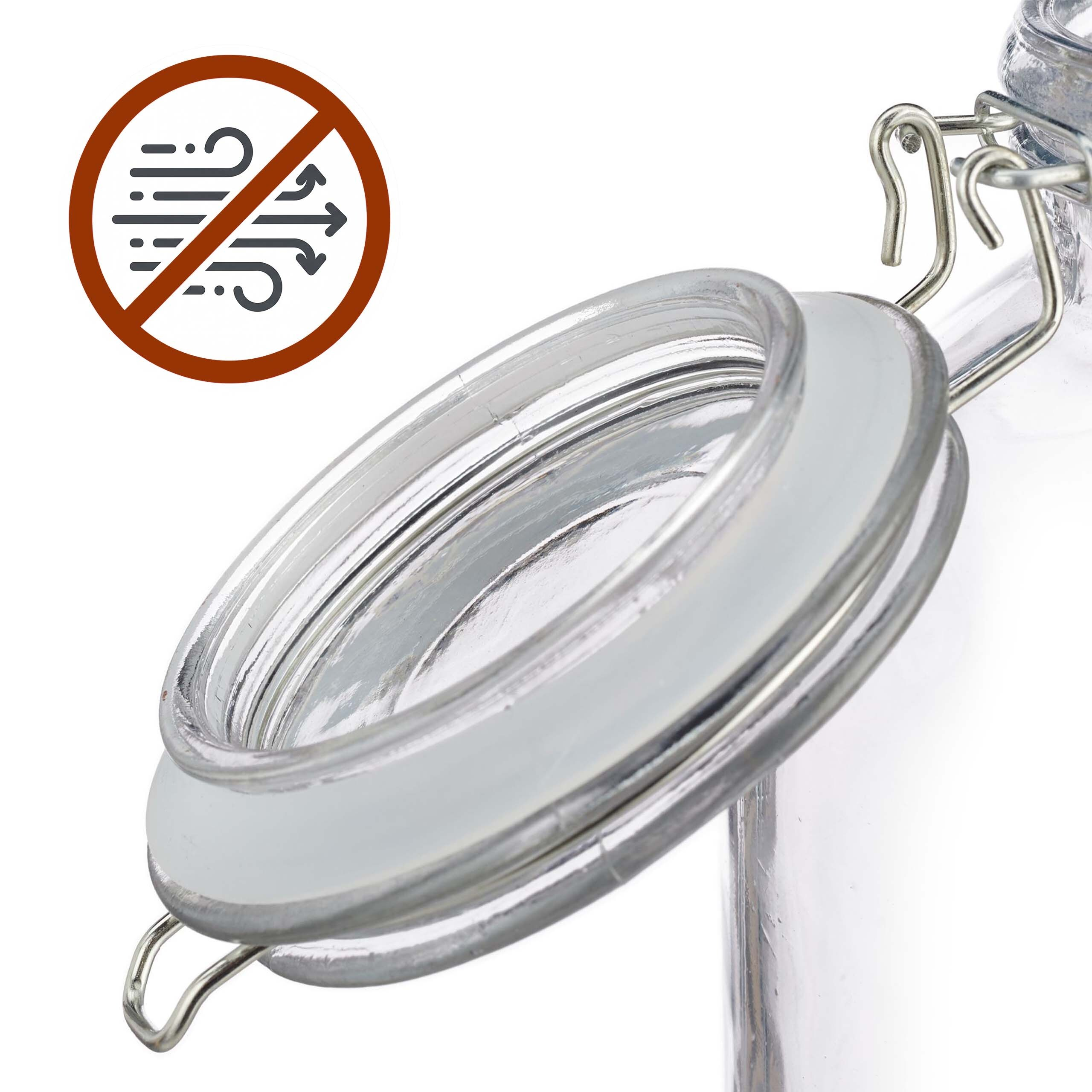 Offenes Glas mit Gummidichtung und Metallklammer sowie einem Luftdicht-Symbol oben links.