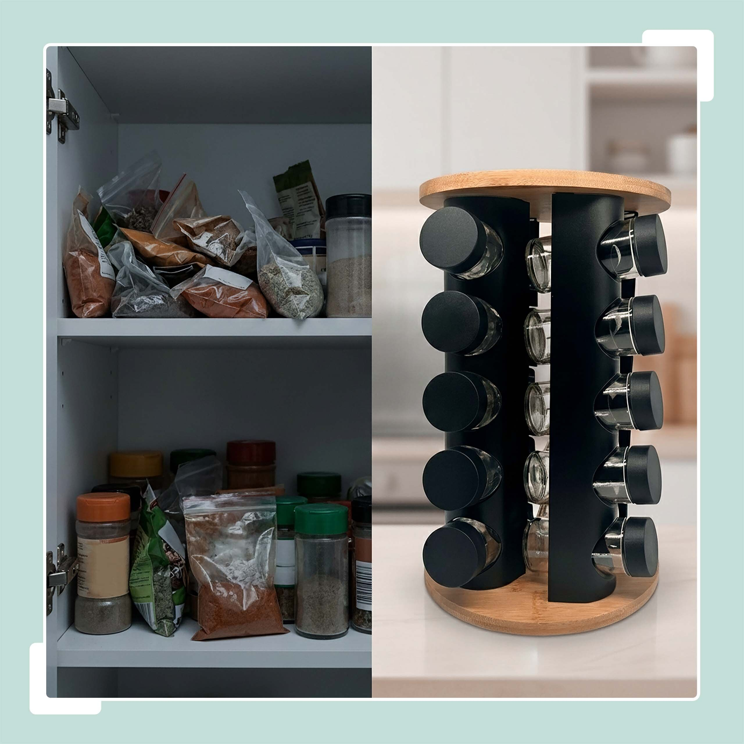 Vergleich von ungeordneten Gewürztüten im Schrank und einem ordentlichen drehbaren Gewürzregal auf einer Theke.