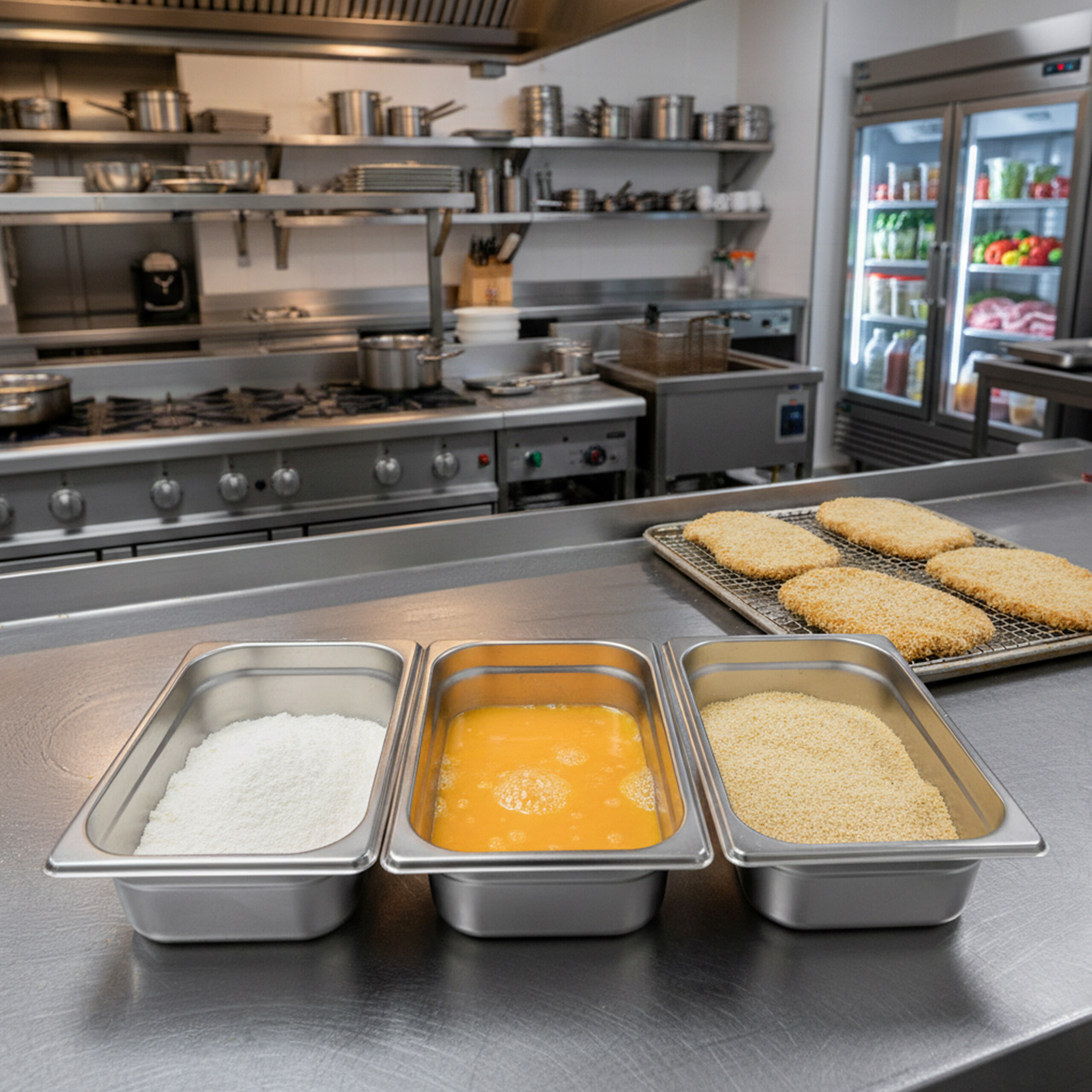 Industrieküche mit vorbereiteten Zutaten wie Mehl, Ei und Paniermehl für Schnitzel.