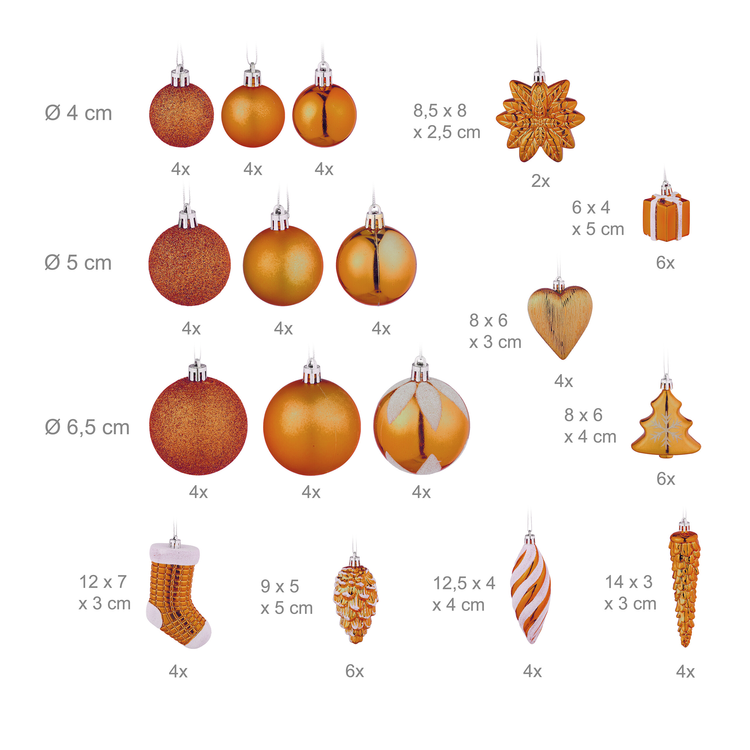 Verschiedene orangefarbene Weihnachtskugeln und Anhänger in diversen Formen mit Größenangaben.