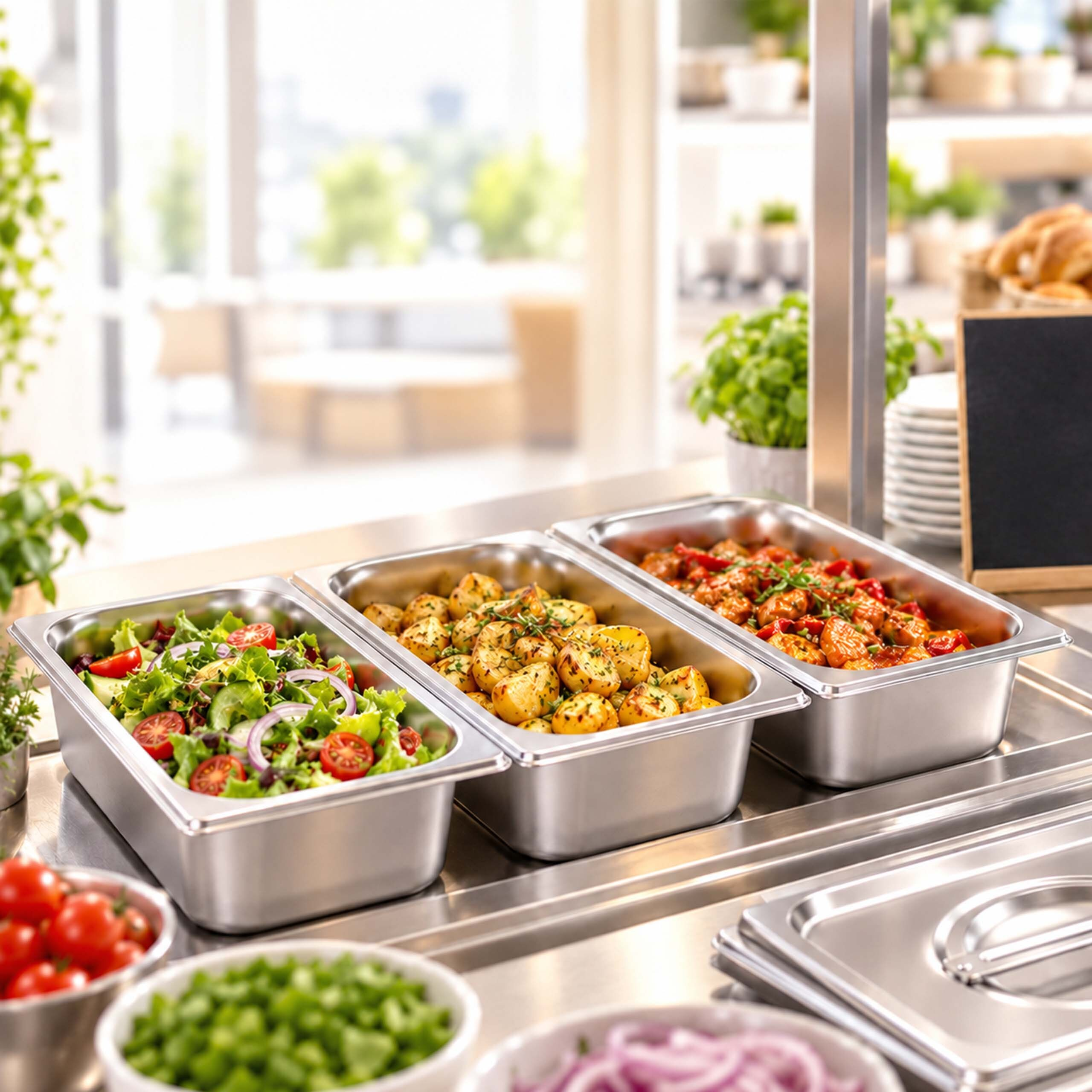 Eine Selbstbedienungstheke mit frischem Salat, gebratenen Kartoffeln und warmem Gericht in Metallbehältern.