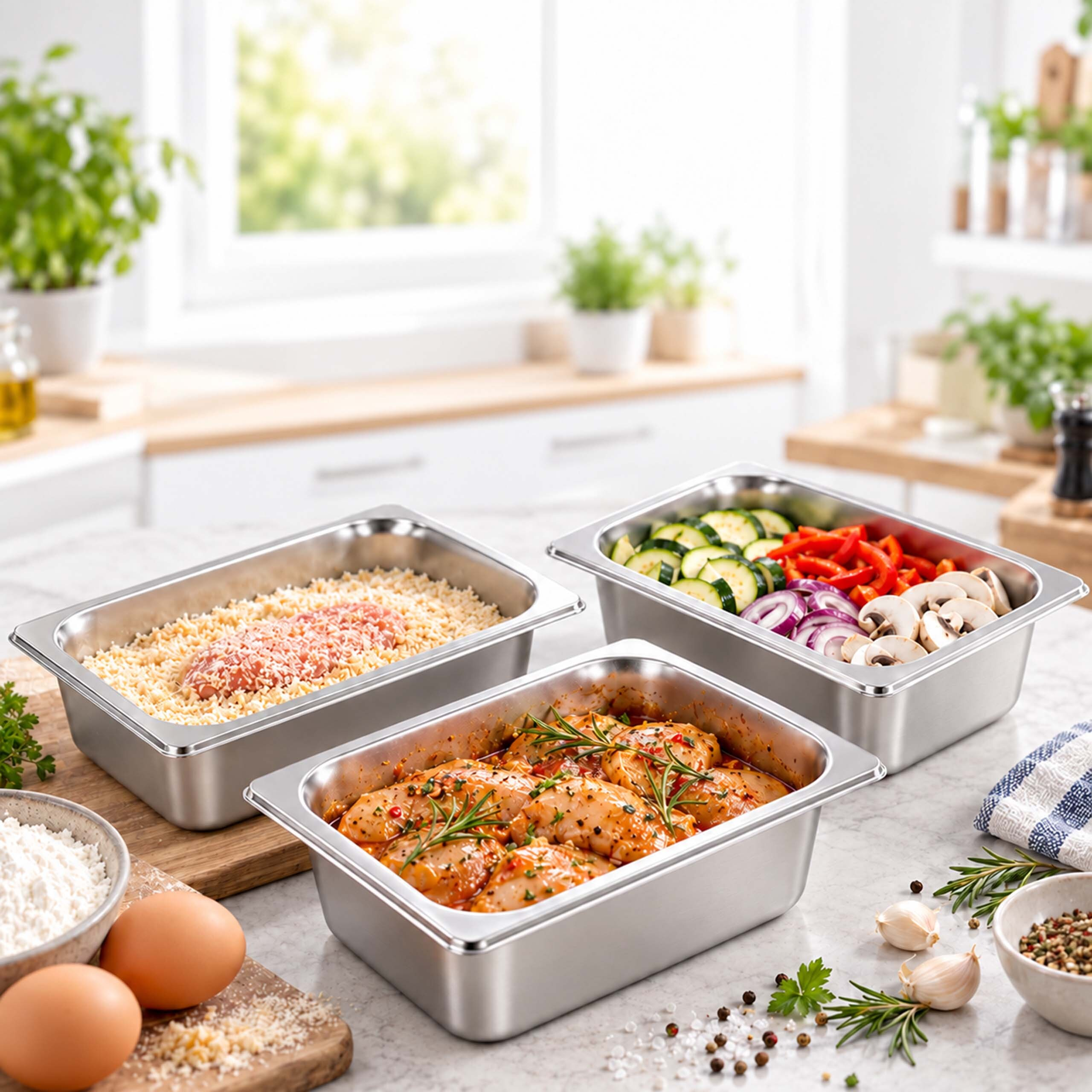 Drei Edelstahlbehälter mit Hühnchen, Reis und Gemüse auf einer hellen Küchenarbeitsplatte mit Eiern.